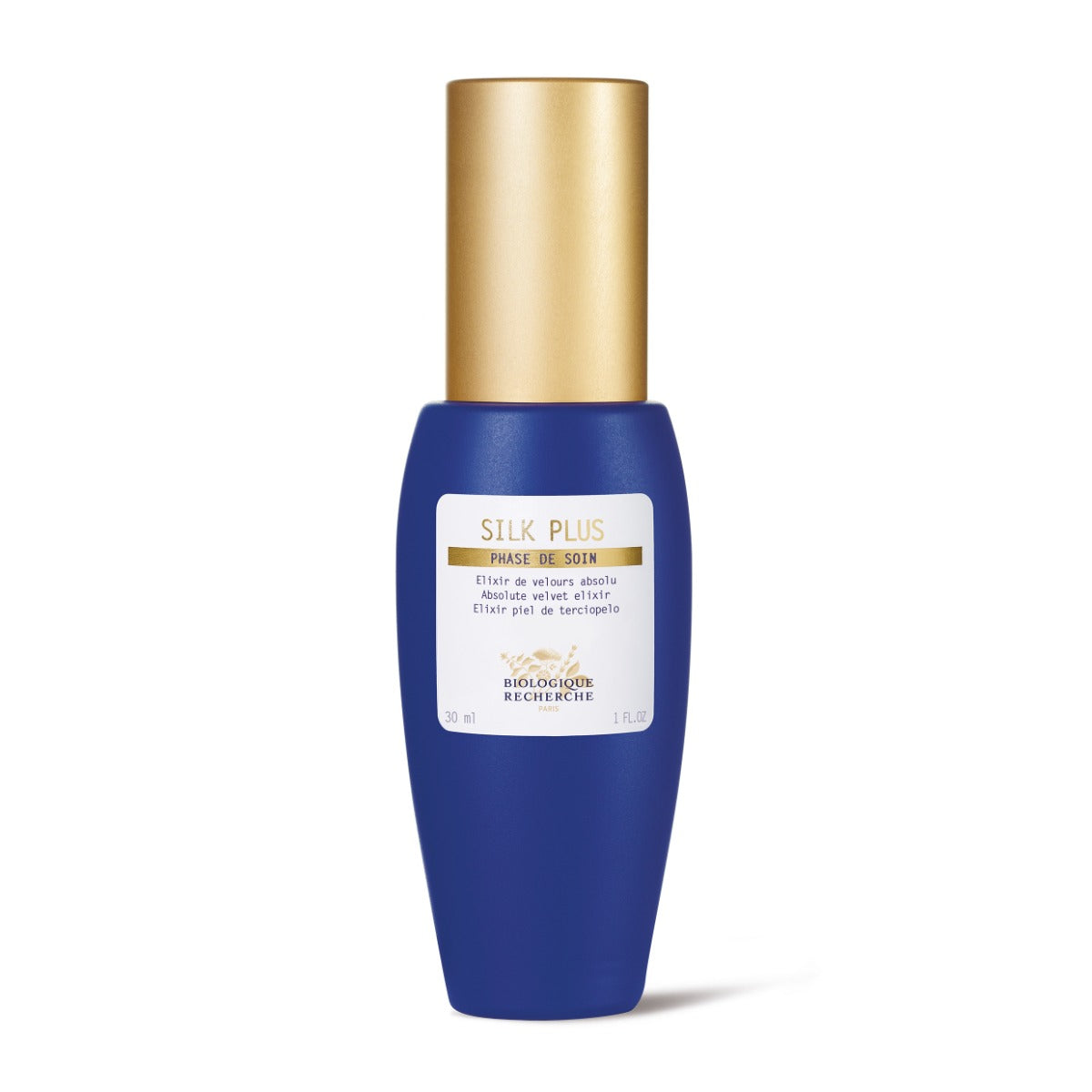 Blue Biologique Recherche Silk Plus bottle with gold cap on a white background. Mattifying & Soothing Serum for Sensitive, Oily Skin.