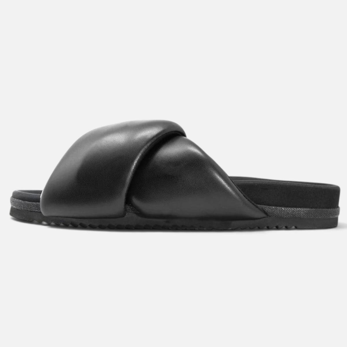 Shop Rescue Spa ROAM Foldy Puffy black vegan leather slide sandals with memory foam and contoured footbed