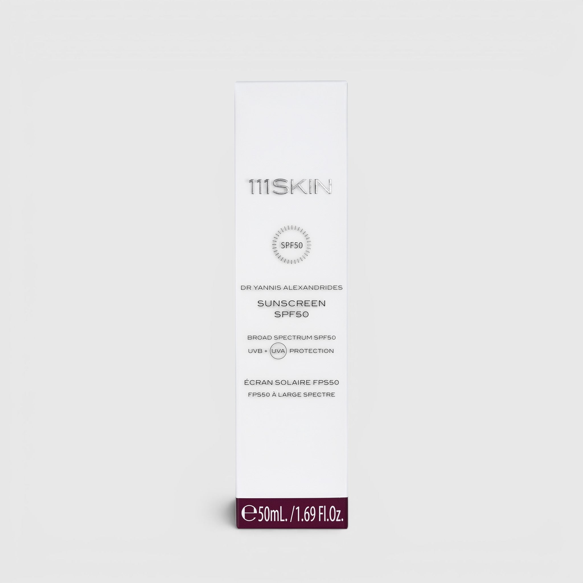 Shop Rescue Spa 111SKIN SPF50 broad-spectrum sunscreen in a white 50ml box for daily UVA and UVB protection.