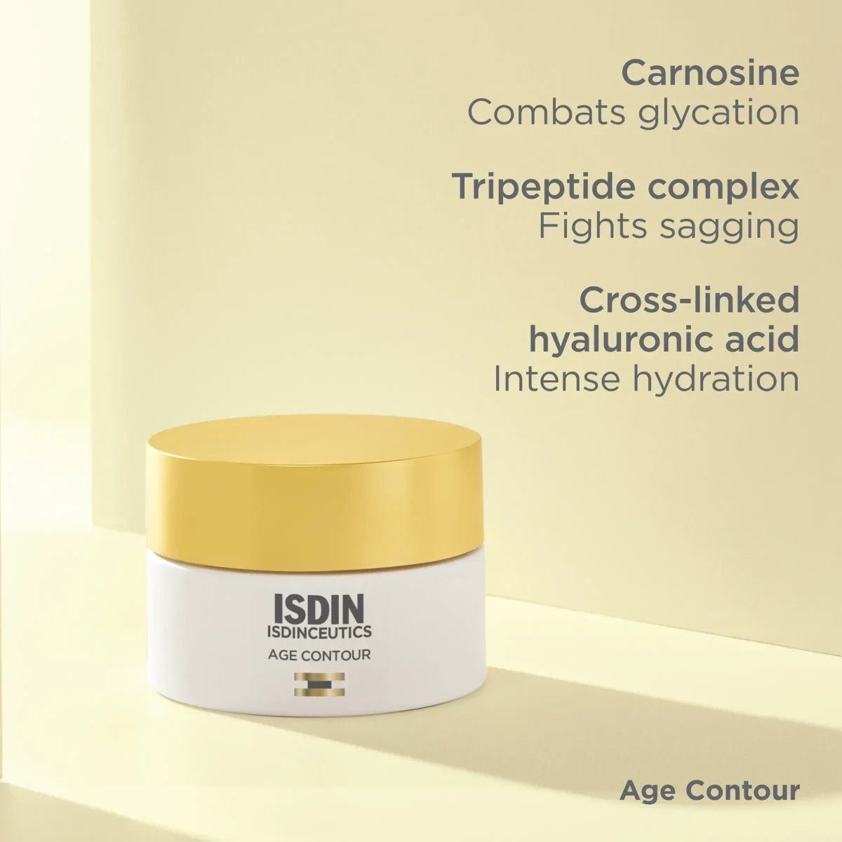 Shop Rescue Spa ISDIN Age Contour firming face and neck cream in a white jar with a gold lid on a beige background.