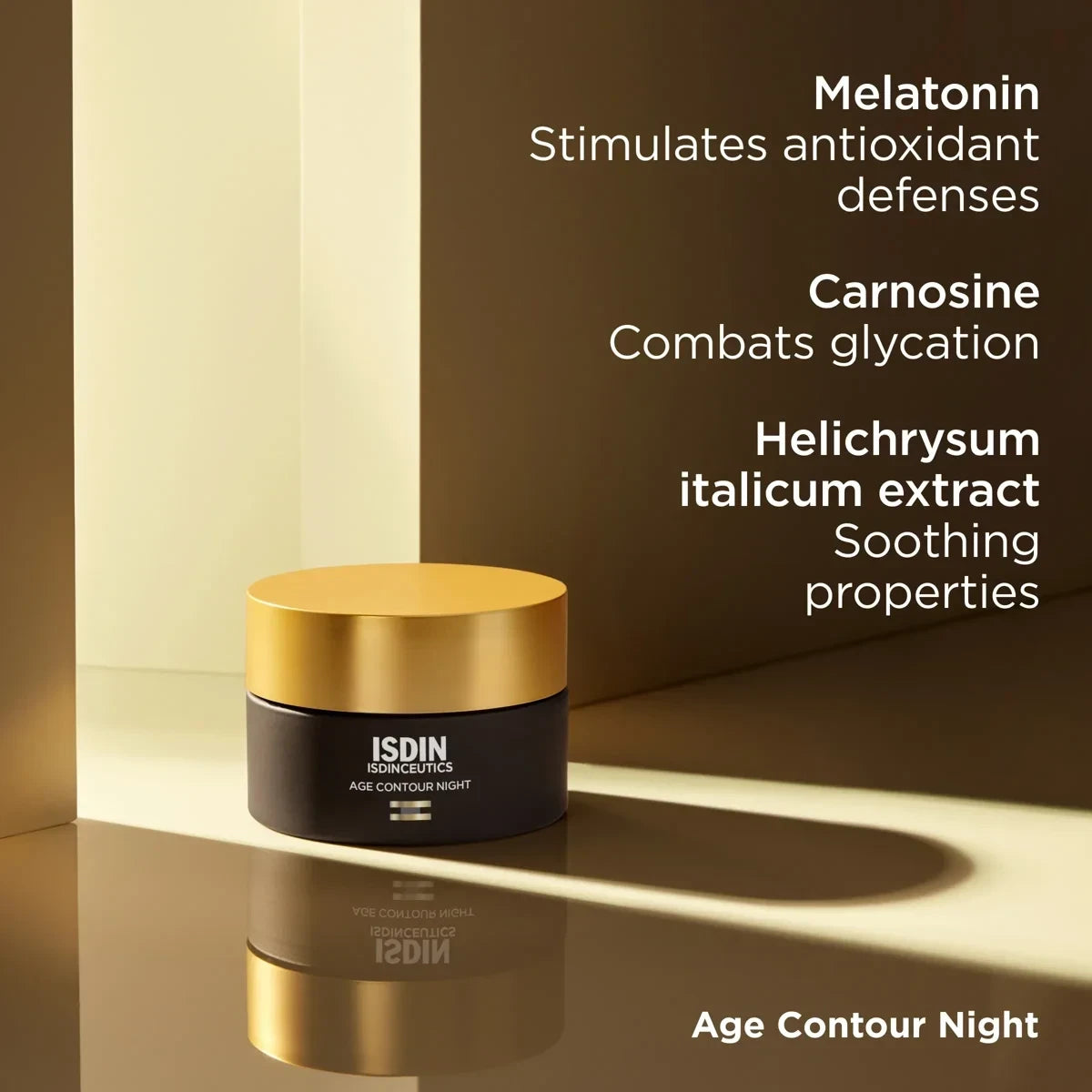 Shop Rescue Spa ISDINCEUTICS Age Contour Night cream jar with gold lid on a reflective surface against a gold background