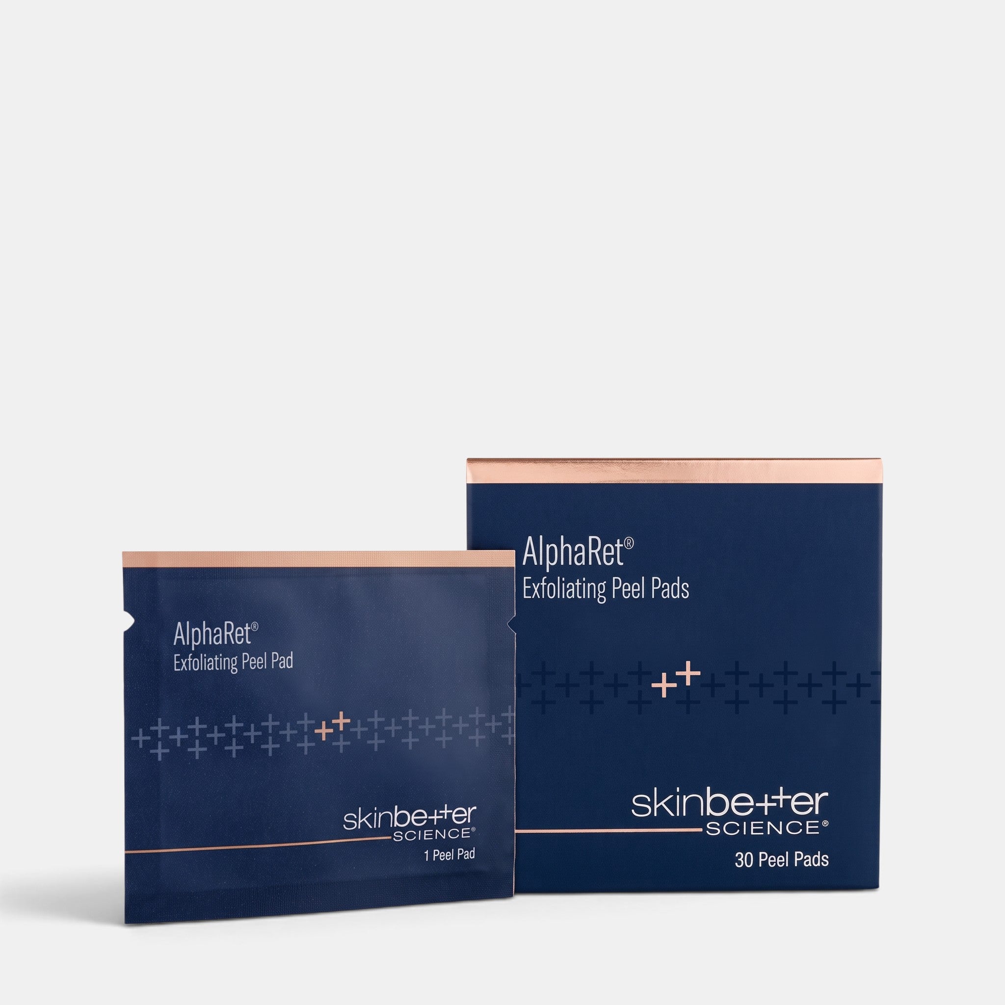 Shop Rescue Spa AlphaRet Exfoliating Peel Pads box and single packet in navy blue packaging with rose gold accents.