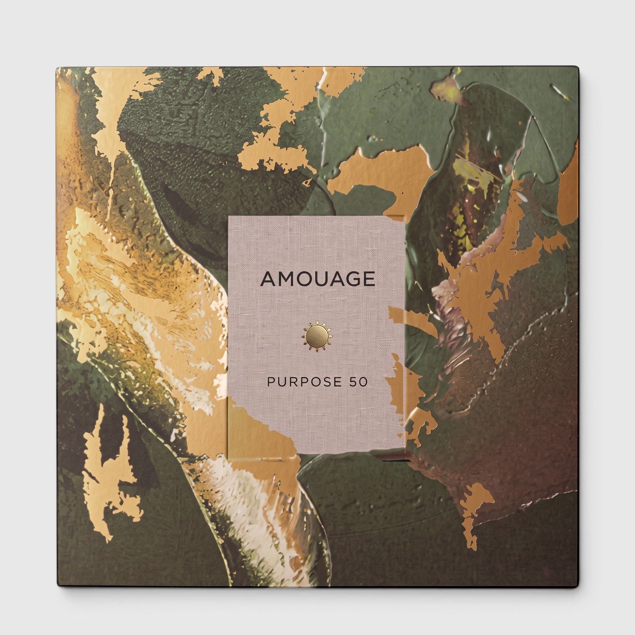 Shop Rescue Spa Amouage Purpose 50 perfume box with abstract green and gold textured design and central label