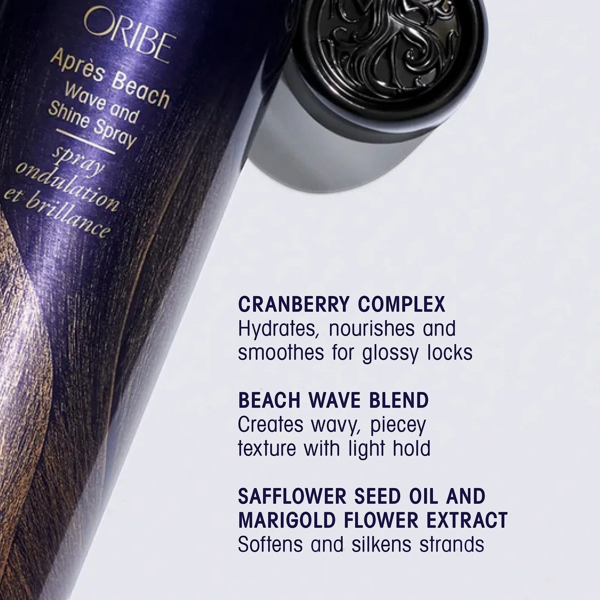 Shop Rescue Spa ORIBE Apres Beach Wave and Shine Spray bottle with text detailing cranberry complex, beach wave blend, and safflower seed oil.