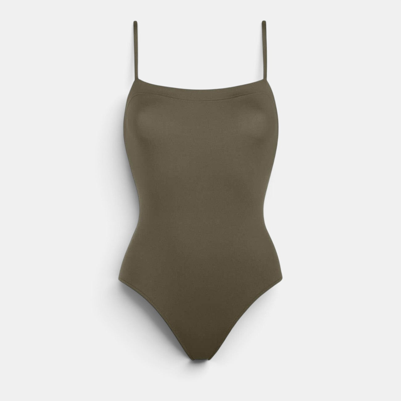 Shop Rescue Spa AQUARELLE olive green one-piece tank swimsuit with thin straps and a straight back design.