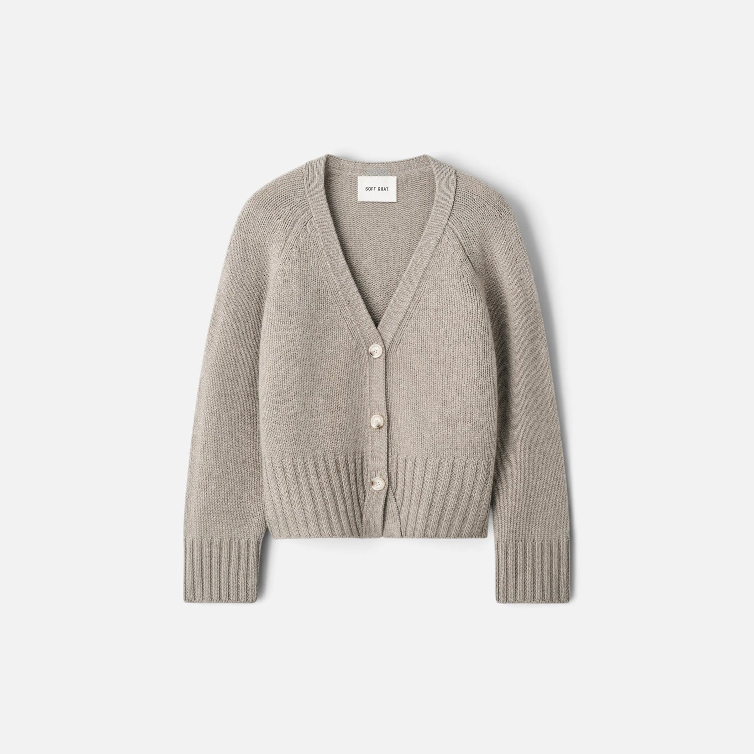Shop Rescue Spa chunky beige 100% cashmere V-neck cardigan with button front and ribbed hem