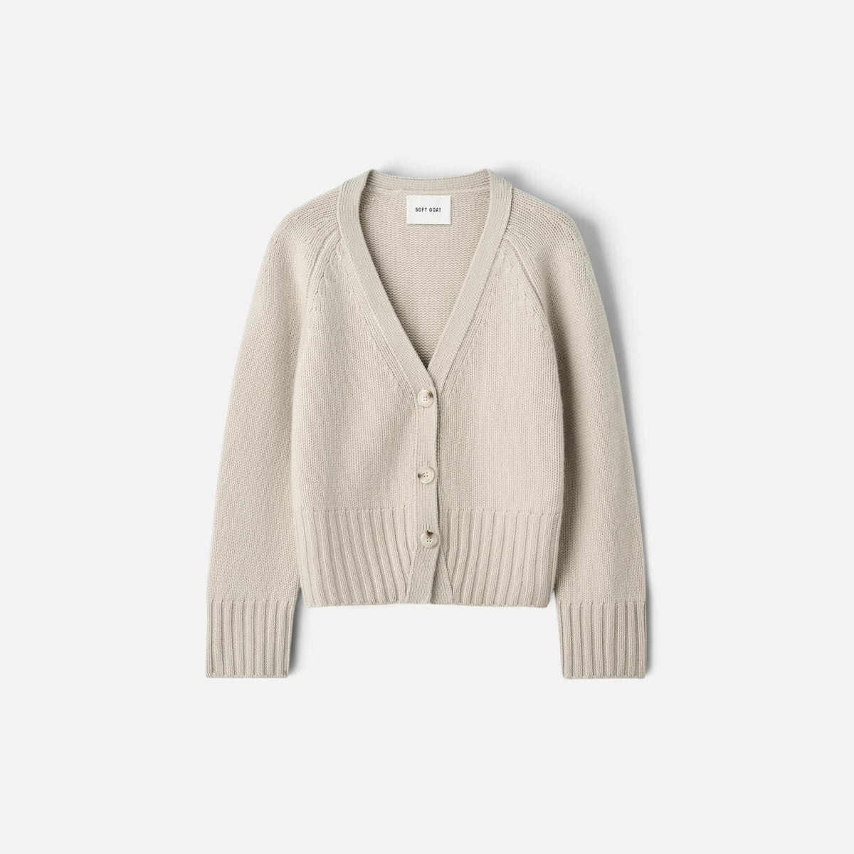 Shop Rescue Spa chunky beige cashmere V-neck cardigan with button front and ribbed hem