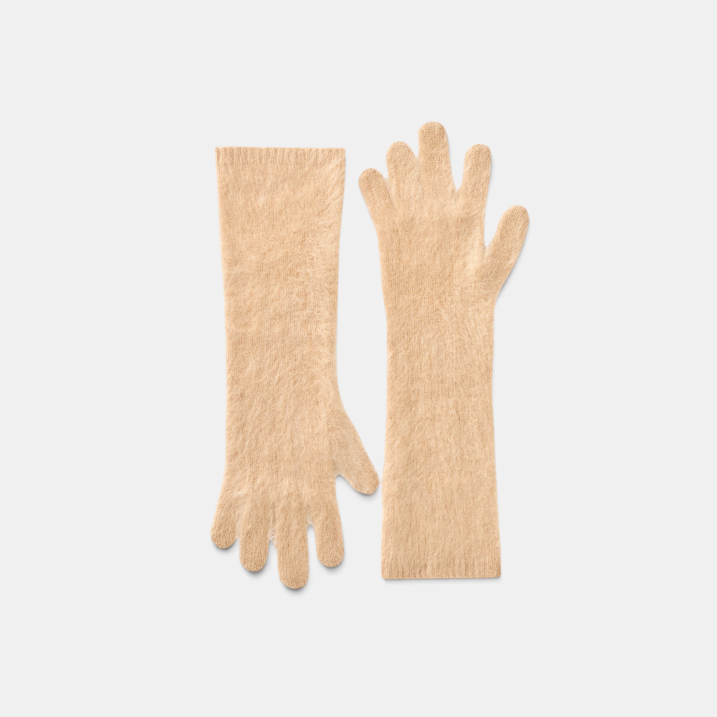 Shop Rescue Spa brushed knit gloves in soft beige 100% cashmere with a long cuff design.