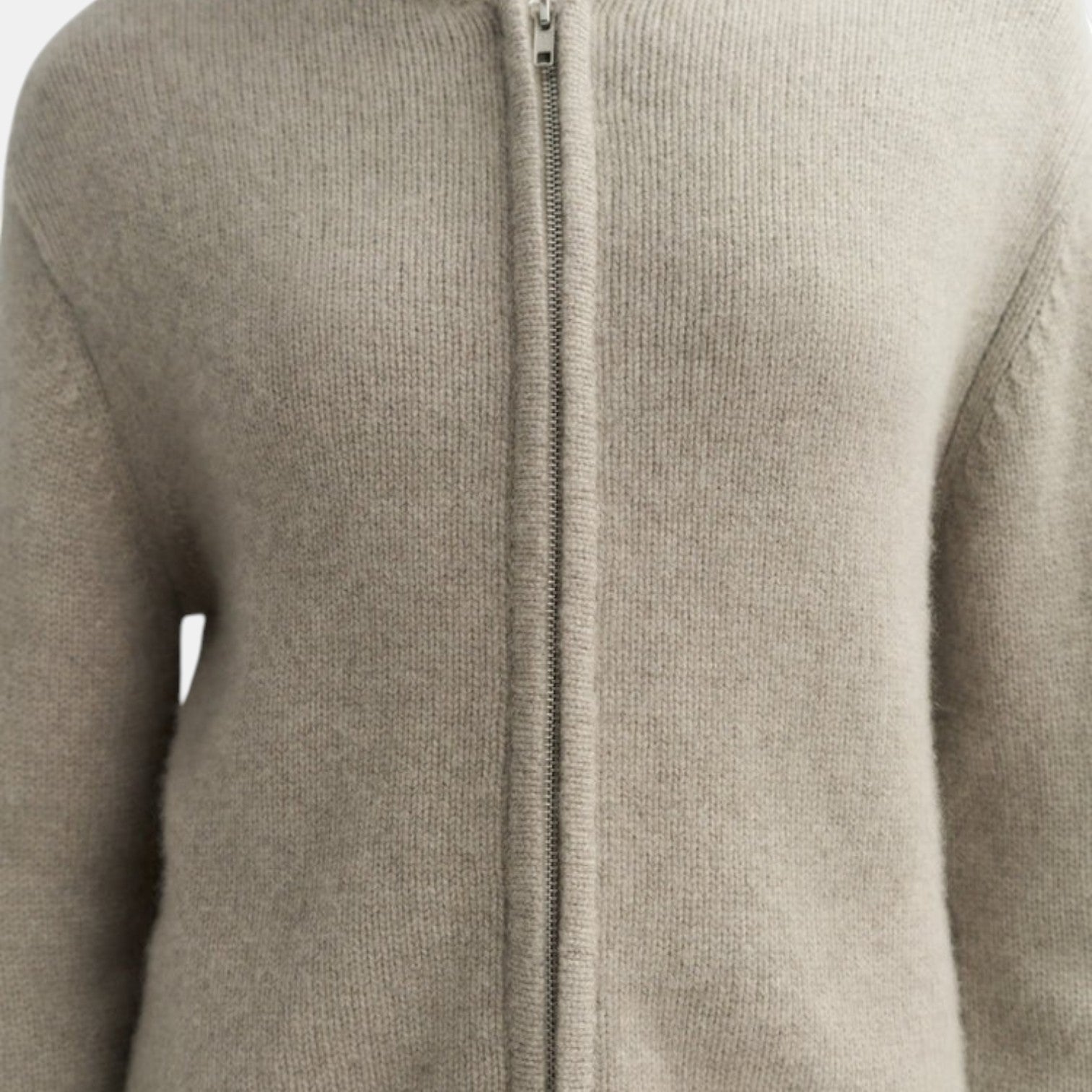 Shop Rescue Spa chunky knit hoodie in beige 100% cashmere with a front zipper closure