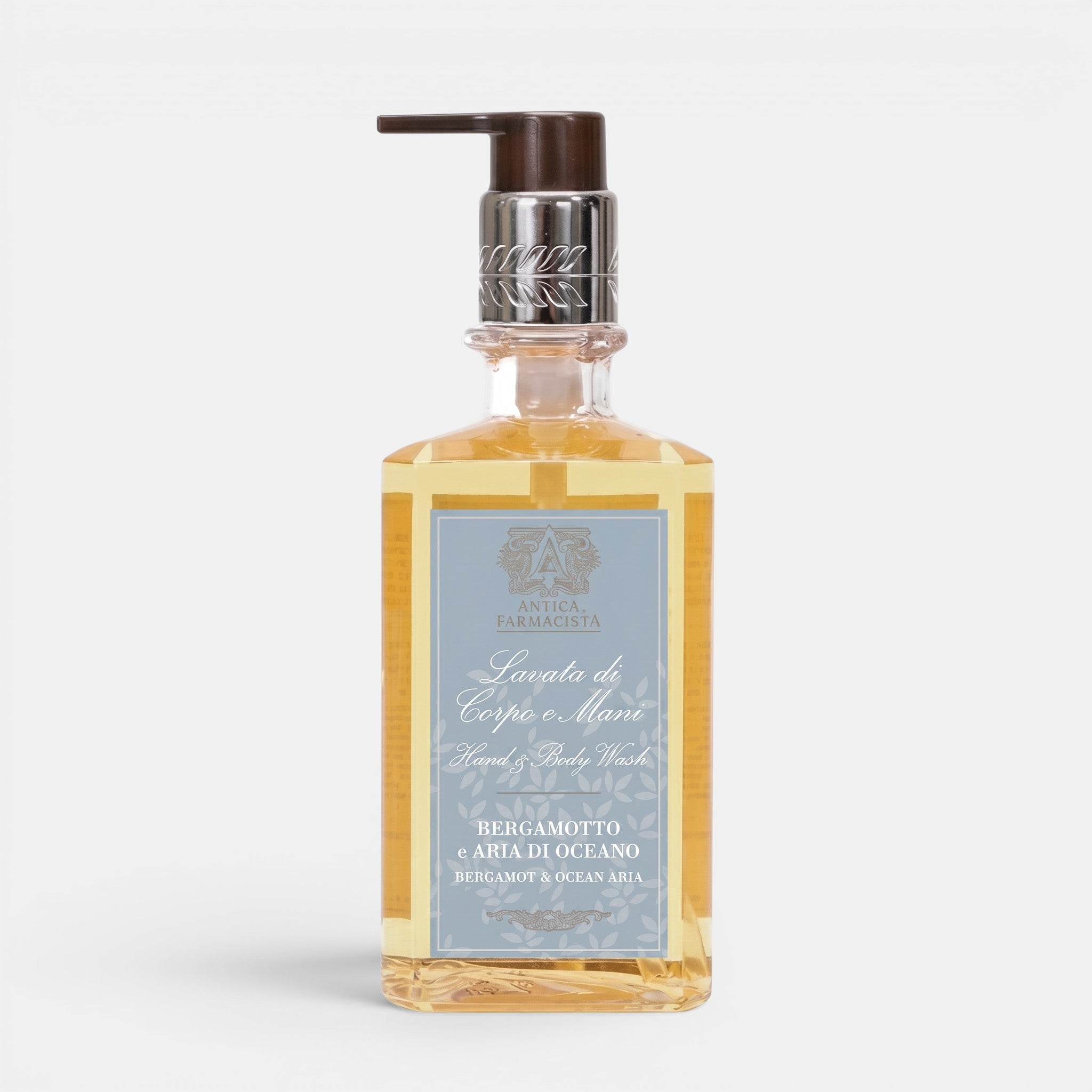 Shop Rescue Spa Antica Farmacista Bergamot & Ocean Aria hand and body wash in a clear bottle with a pump dispenser.
