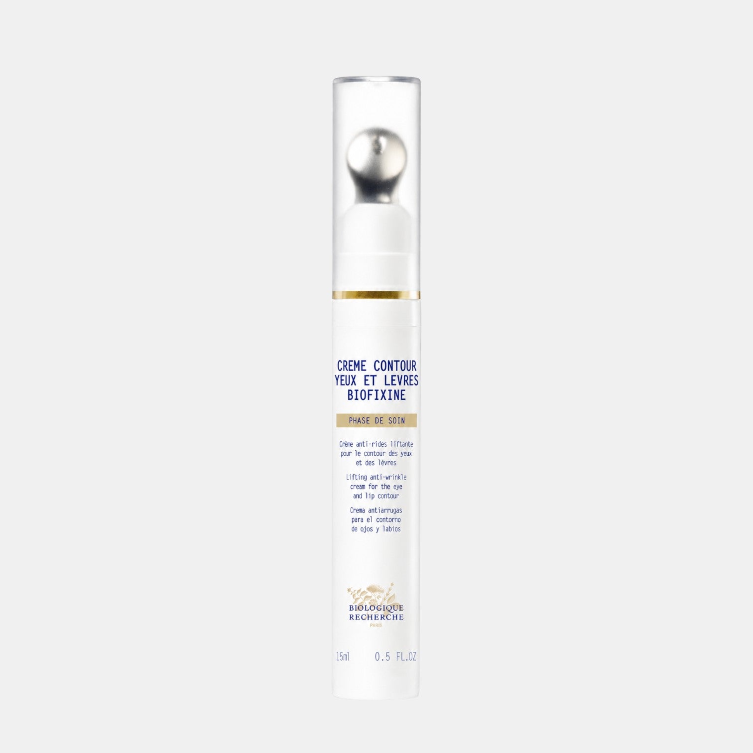 Shop Rescue Spa Biologique Recherche Biofixine eye and lip contour cream in a white 15ml pump bottle with silver cap.