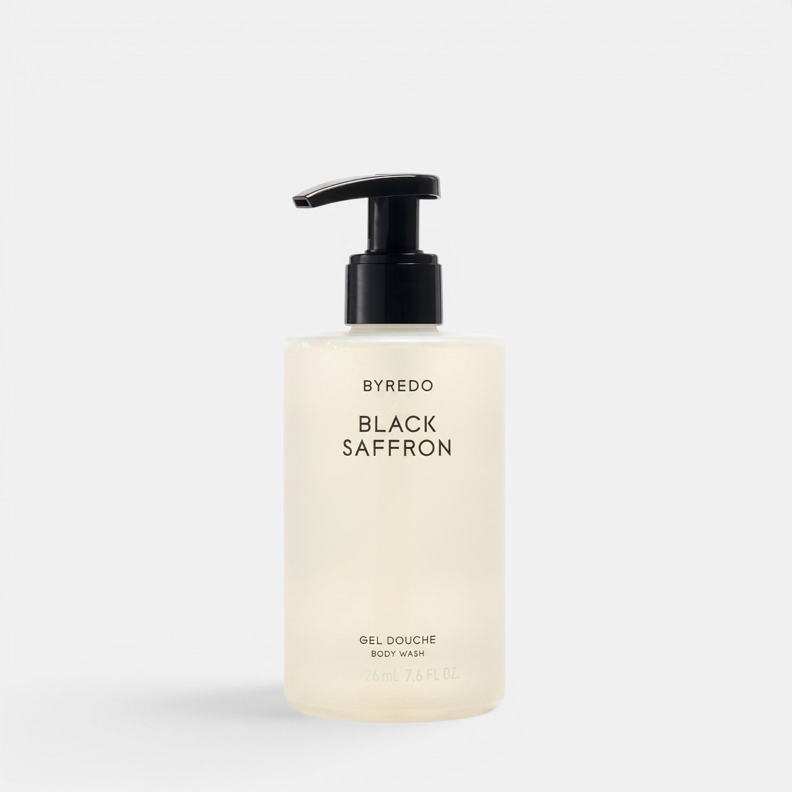 Byredo Black Saffron body wash in a clear pump bottle with black dispenser