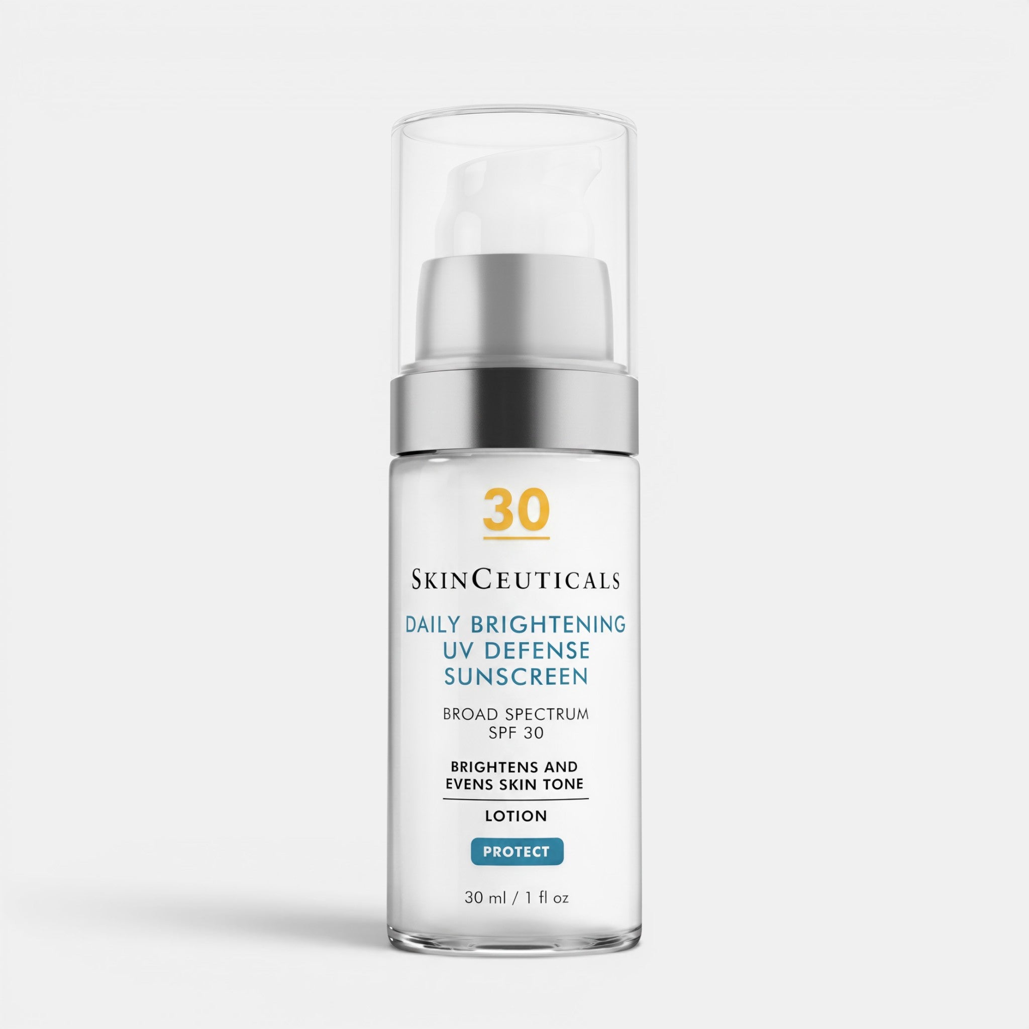 Shop Rescue Spa SkinCeuticals Daily Brightening UV Defense SPF 30 sunscreen bottle with clear pump cap.