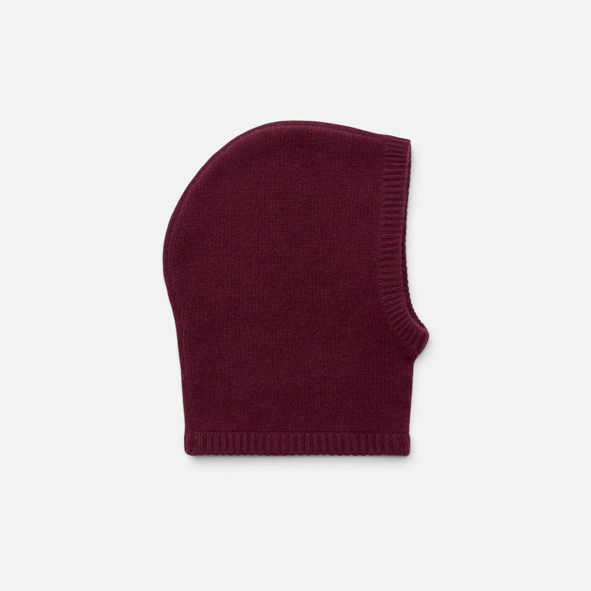 Shop Rescue Spa chunky knit balaclava in deep burgundy 100% cashmere with a ribbed trim