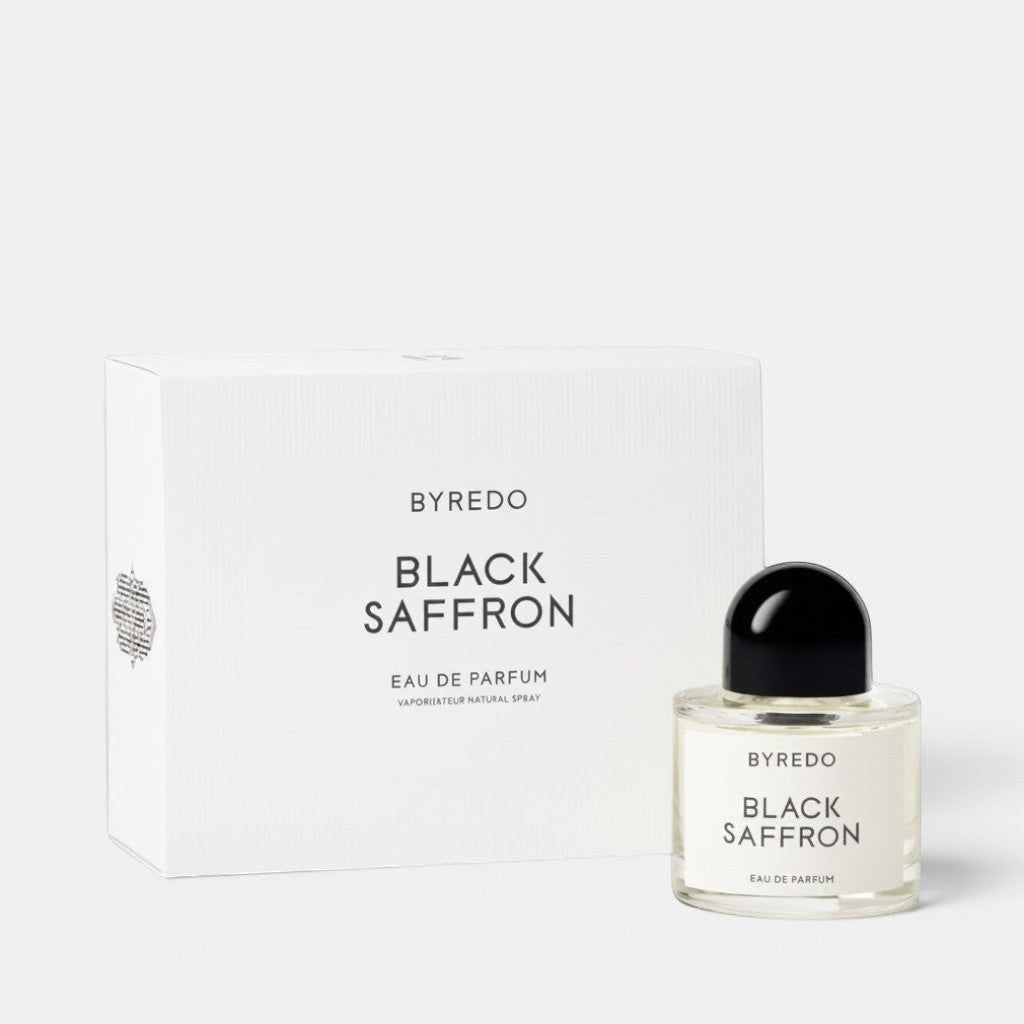 Shop Rescue Spa BYREDO Black Saffron Eau De Parfum bottle with black cap and matching box.