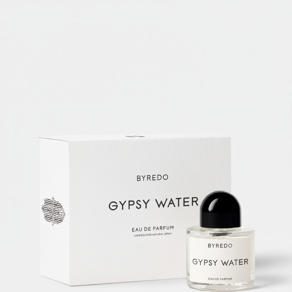Shop Rescue Spa Byredo Gypsy Water Eau De Parfum bottle with black cap and matching box. Woody, citrus, and amber notes.