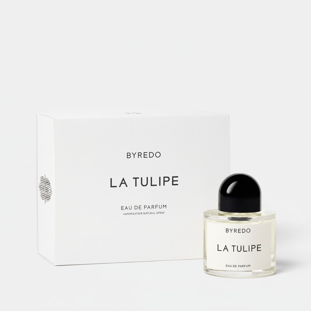 Shop Rescue Spa BYREDO La Tulipe Eau De Parfum with notes of tulip, cyclamen, freesia, rhubarb, blonde woods, and vetiver.
