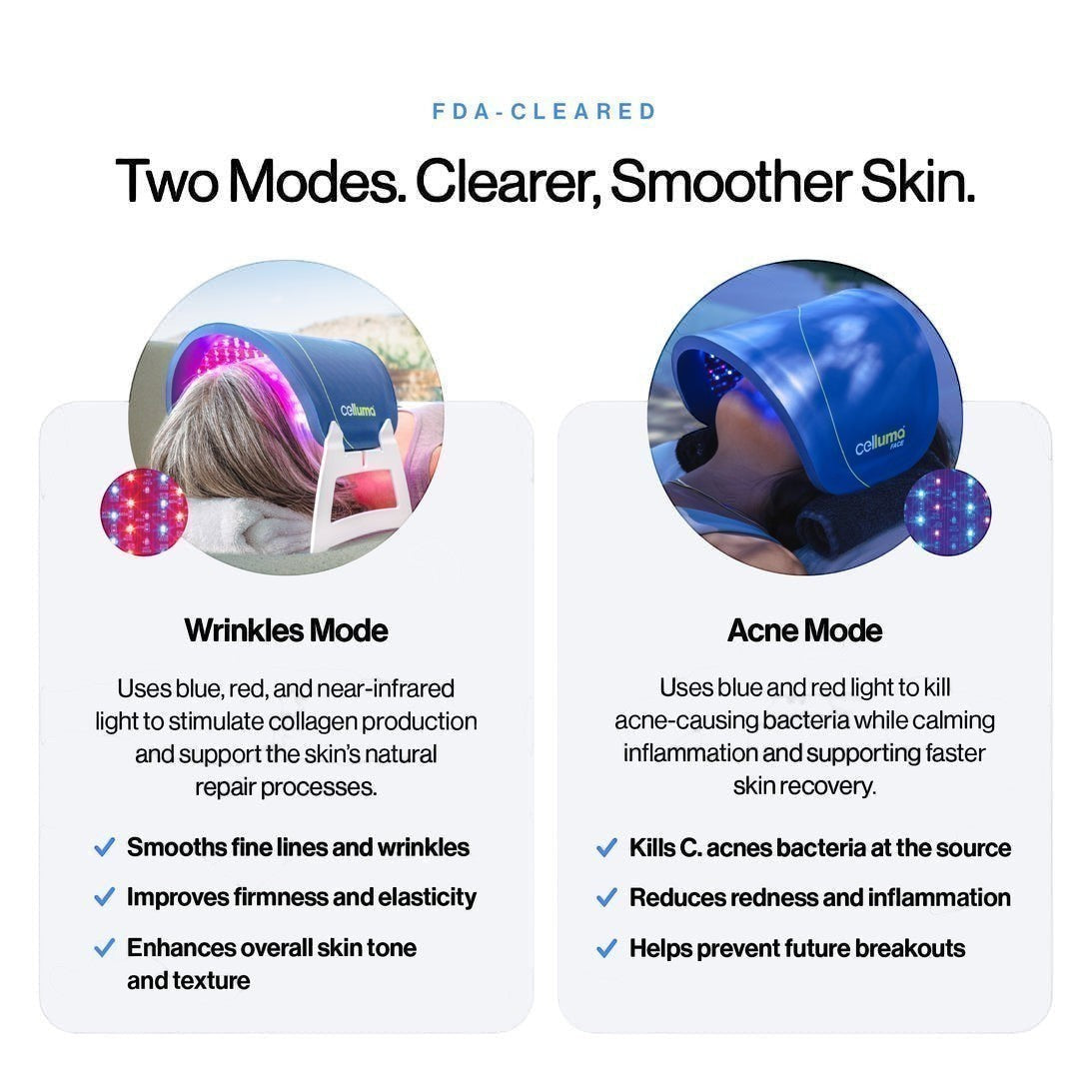Shop Rescue Spa Celluma FACE Series 2 LED light therapy device showing wrinkles and acne treatment modes on a user