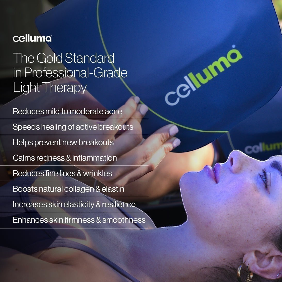 Shop Rescue Spa Celluma FACE LED light therapy device used by a woman to treat acne and signs of aging