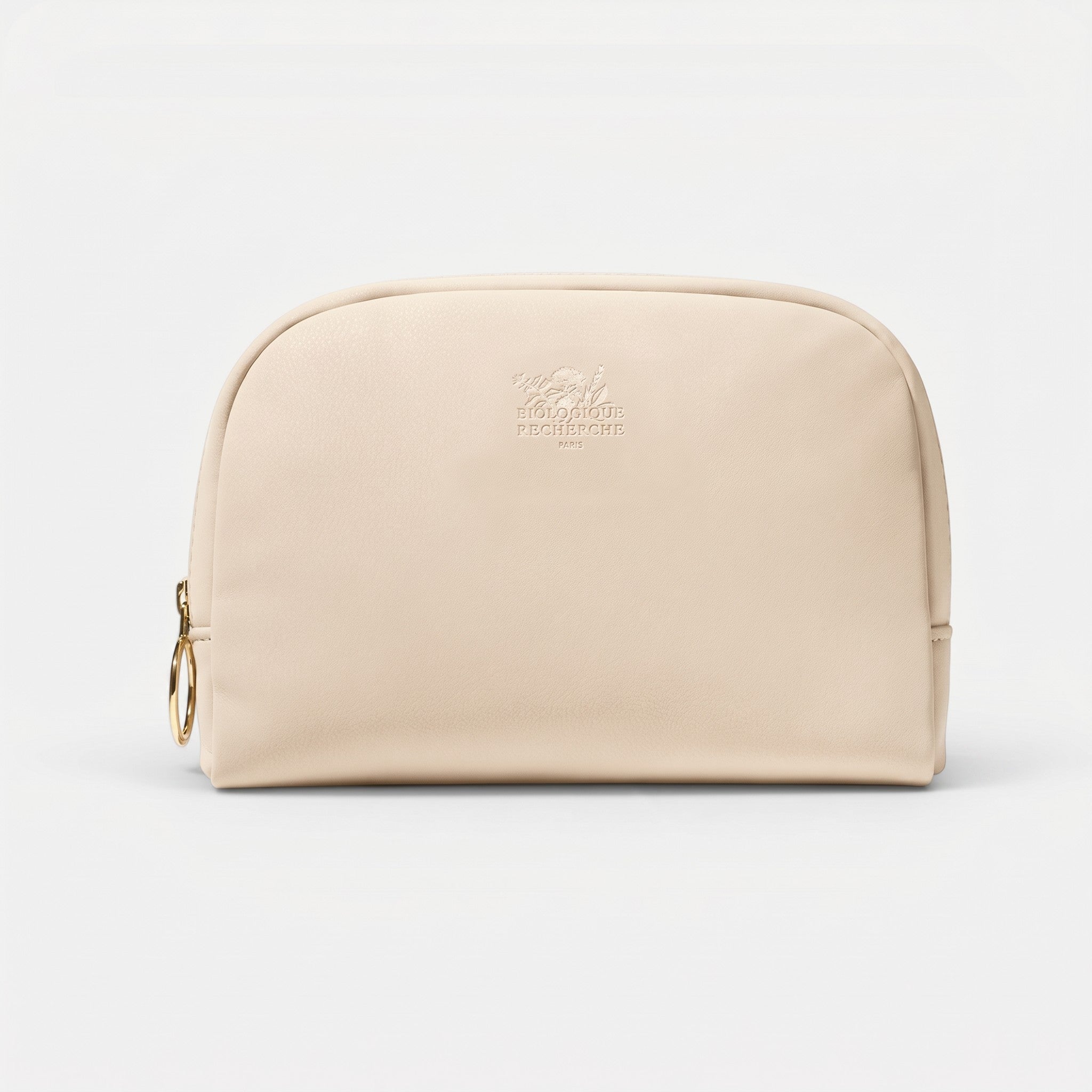 Shop Rescue Spa Biologique Recherche champagne textured PU suede toiletry bag with gold metal zipper
