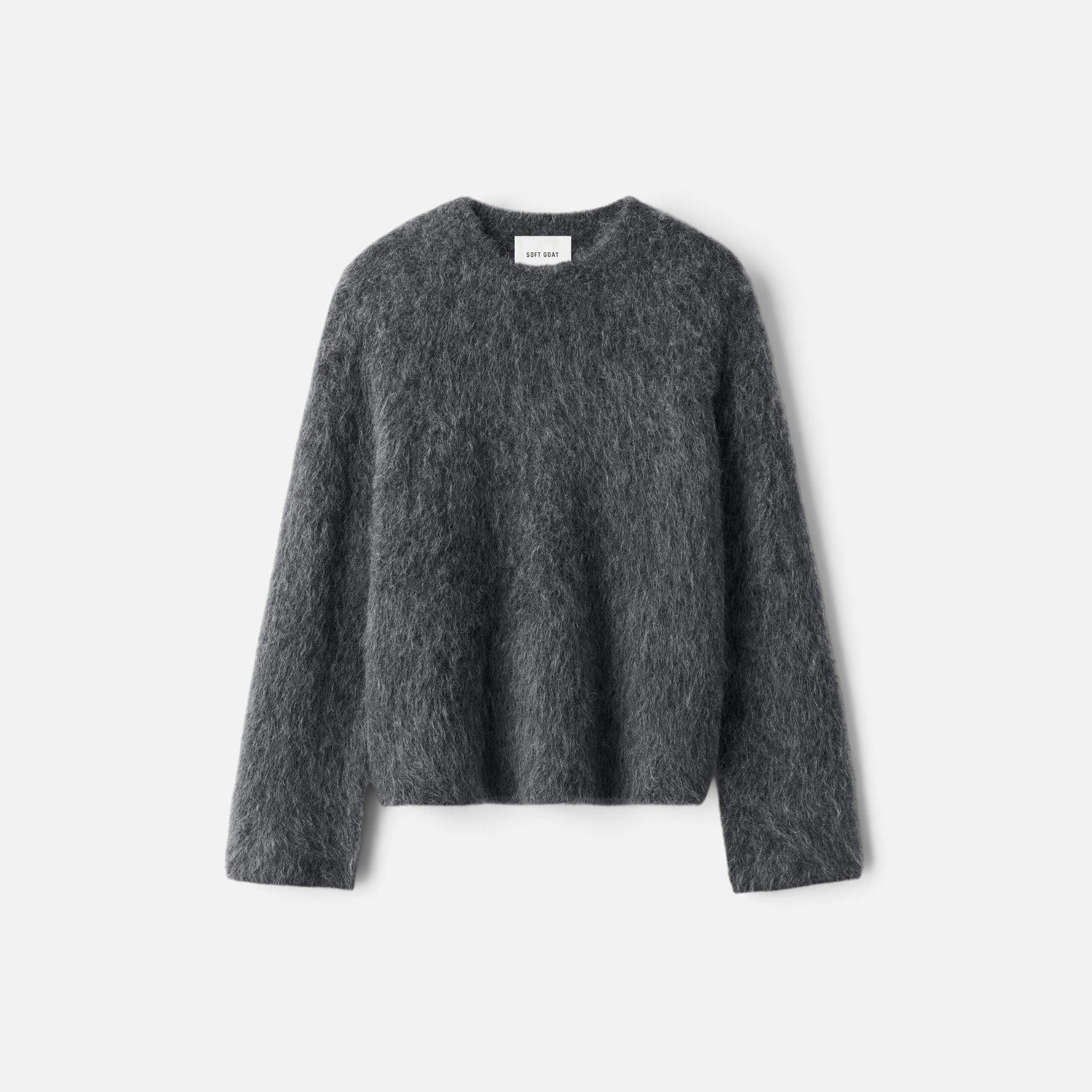 Shop Rescue Spa charcoal grey relaxed fit crewneck sweater in a soft fuzzy alpaca blend knit