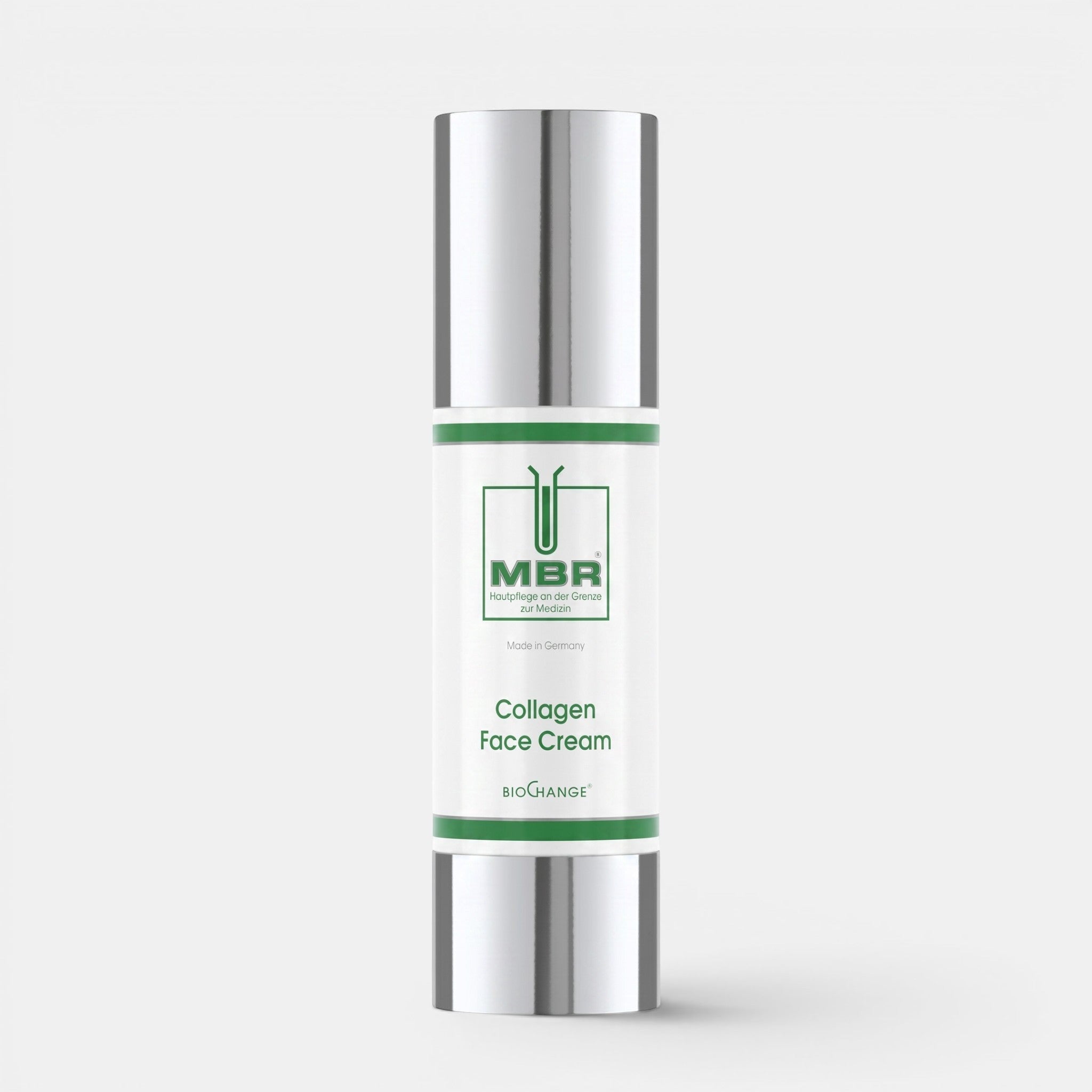 Shop Rescue Spa MBR Collagen Face Cream in a white 50ml pump bottle with silver metallic cap and green accents.