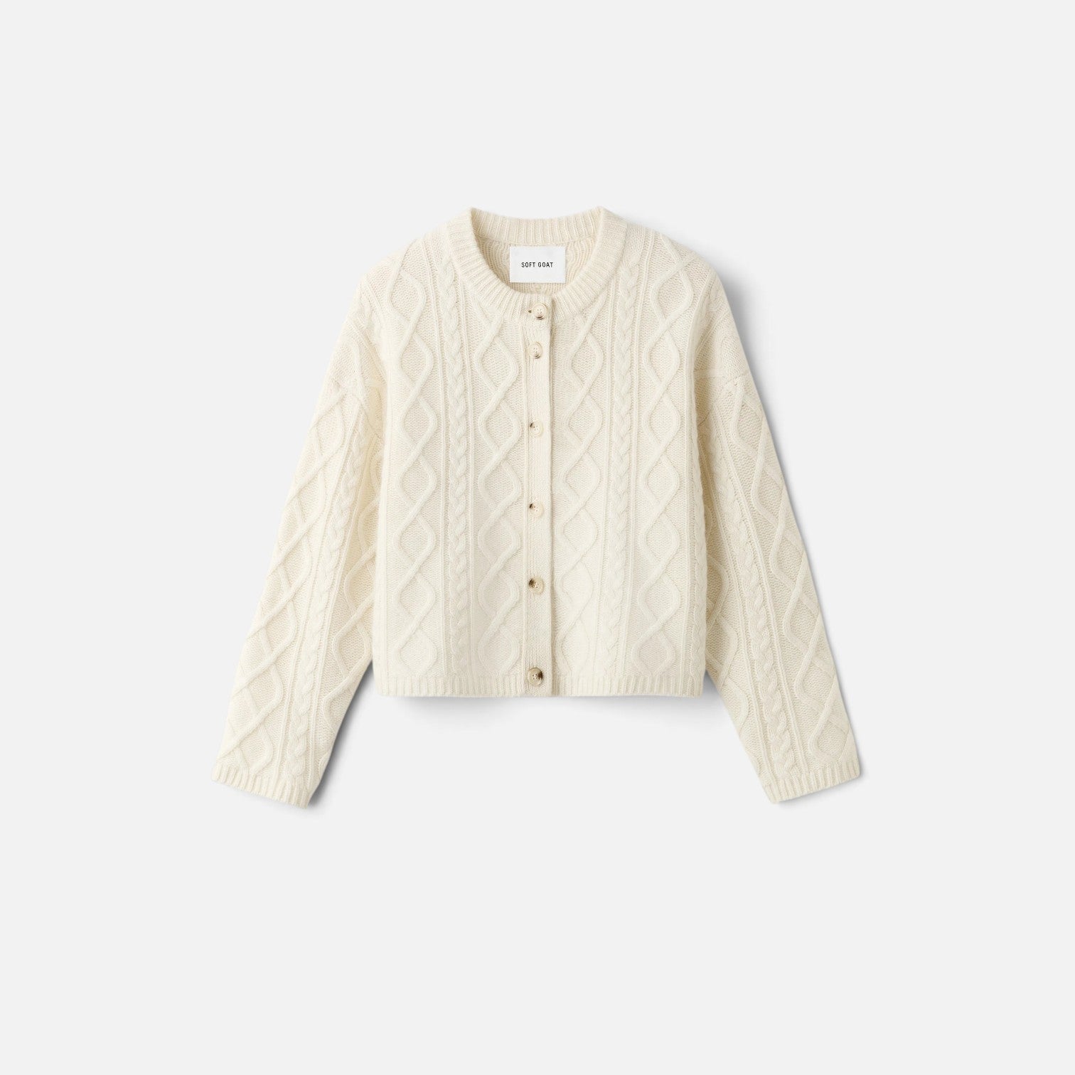 Shop Rescue Spa cream cable knit cardigan in 100% cashmere with a relaxed fit and button-down front.