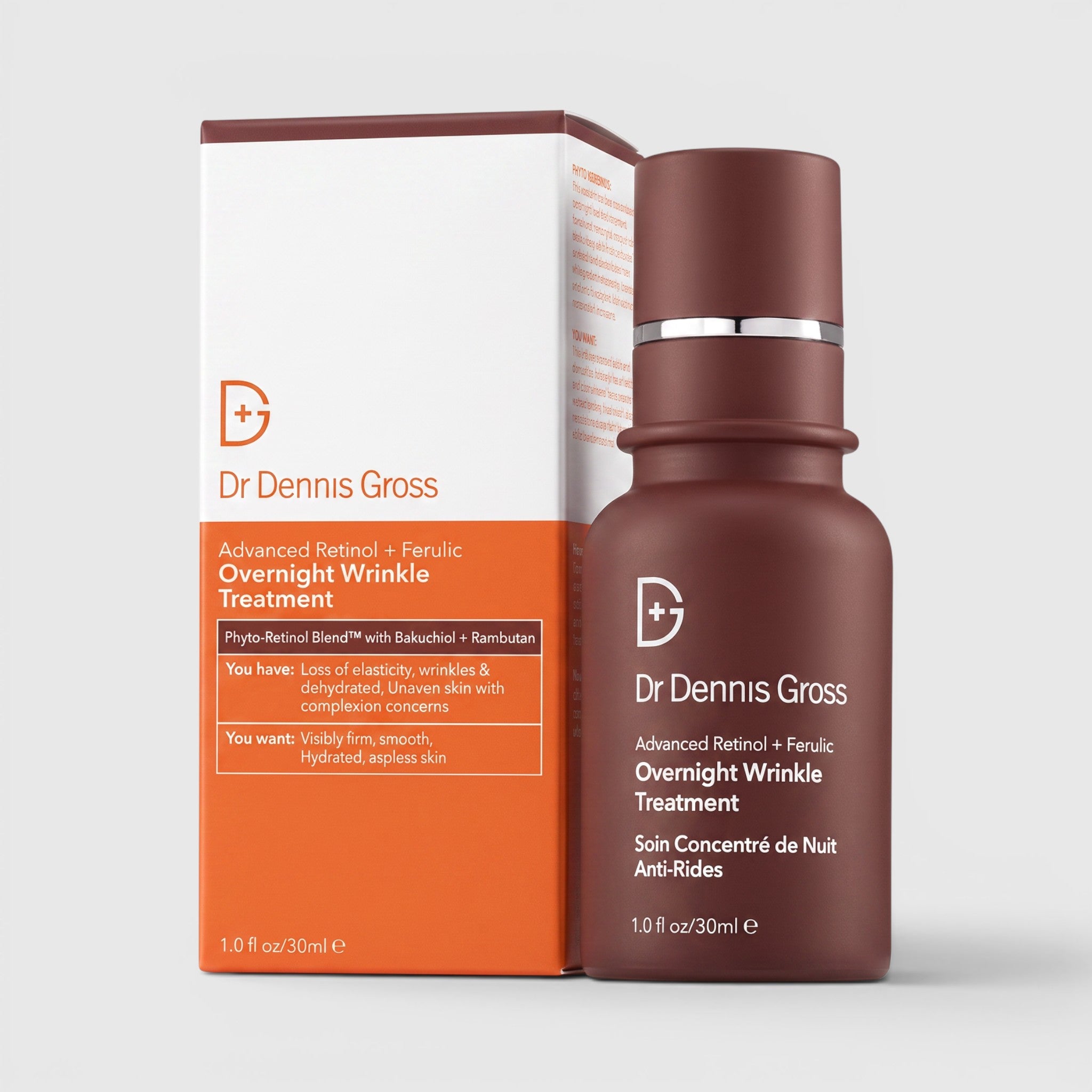Shop Rescue Spa Dr Dennis Gross Advanced Retinol + Ferulic Overnight Wrinkle Treatment bottle and box packaging.