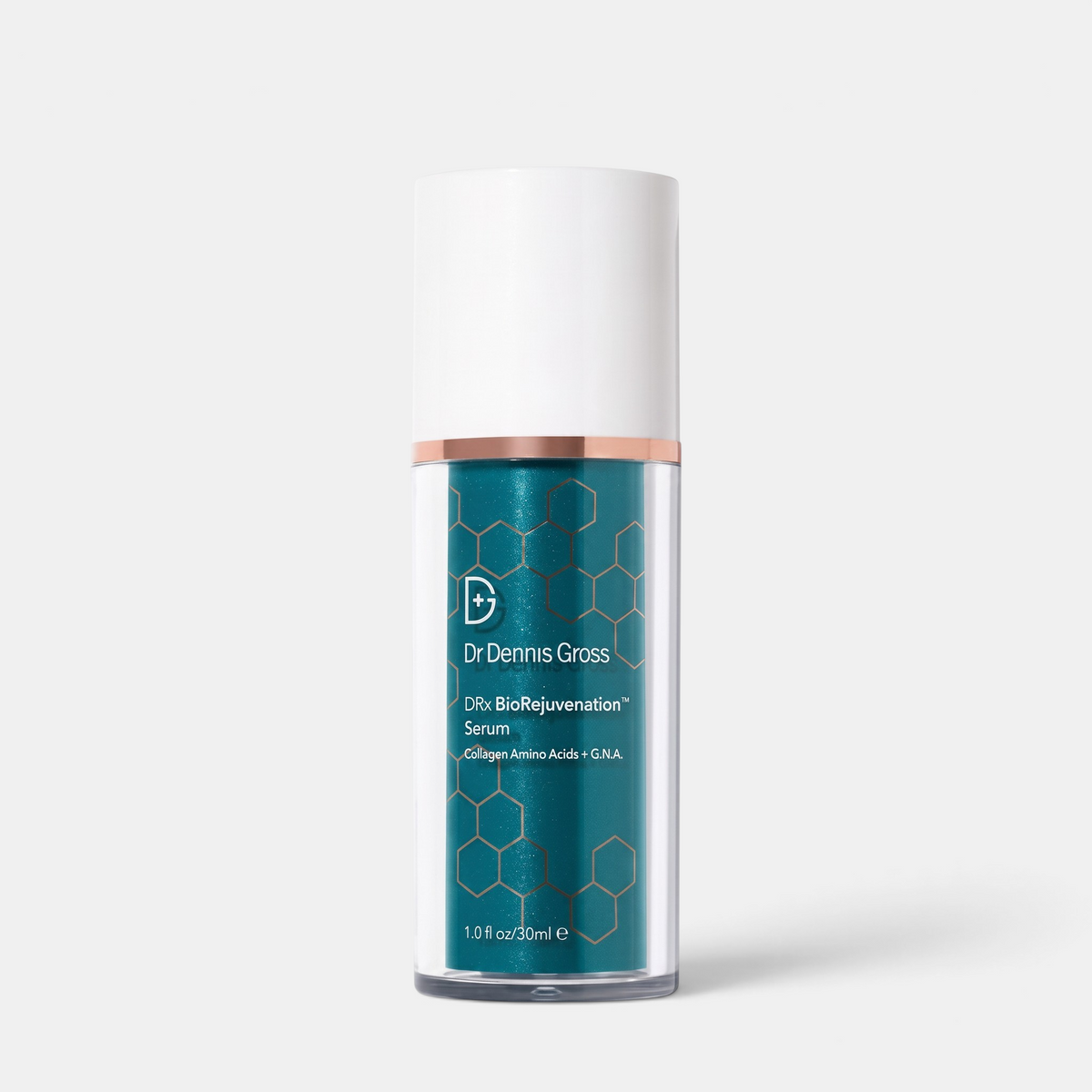 Shop Rescue Spa DRx BioRejuvenation Serum in a teal bottle with a white cap and hexagonal pattern design.