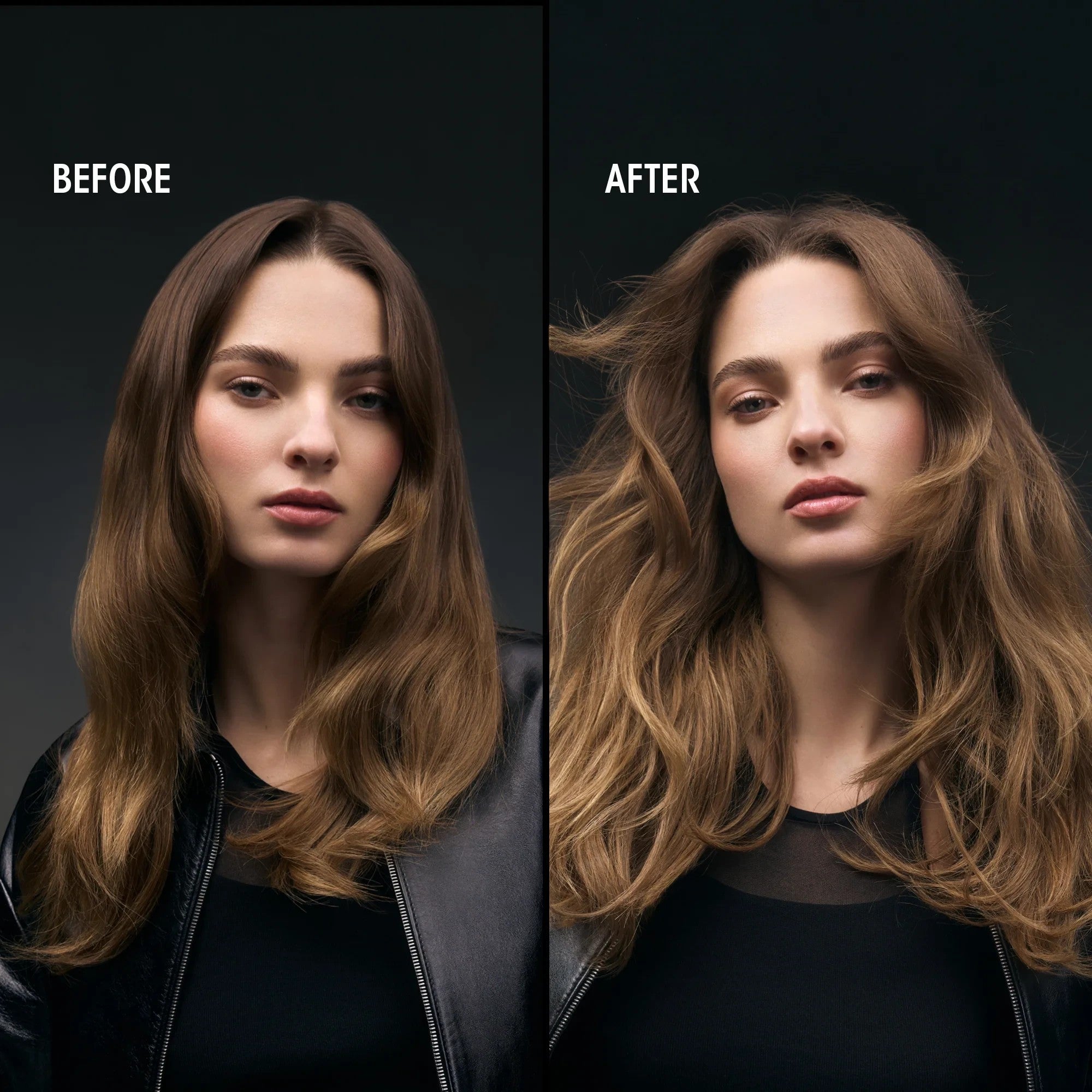 Shop Rescue Spa Dry Texturizing Spray before and after comparison showing increased hair volume and texture on a model.