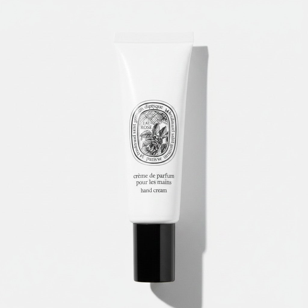 Shop Rescue Spa Eau Rose hand cream in a white 45ml tube with a black cap, featuring a floral rose label design.