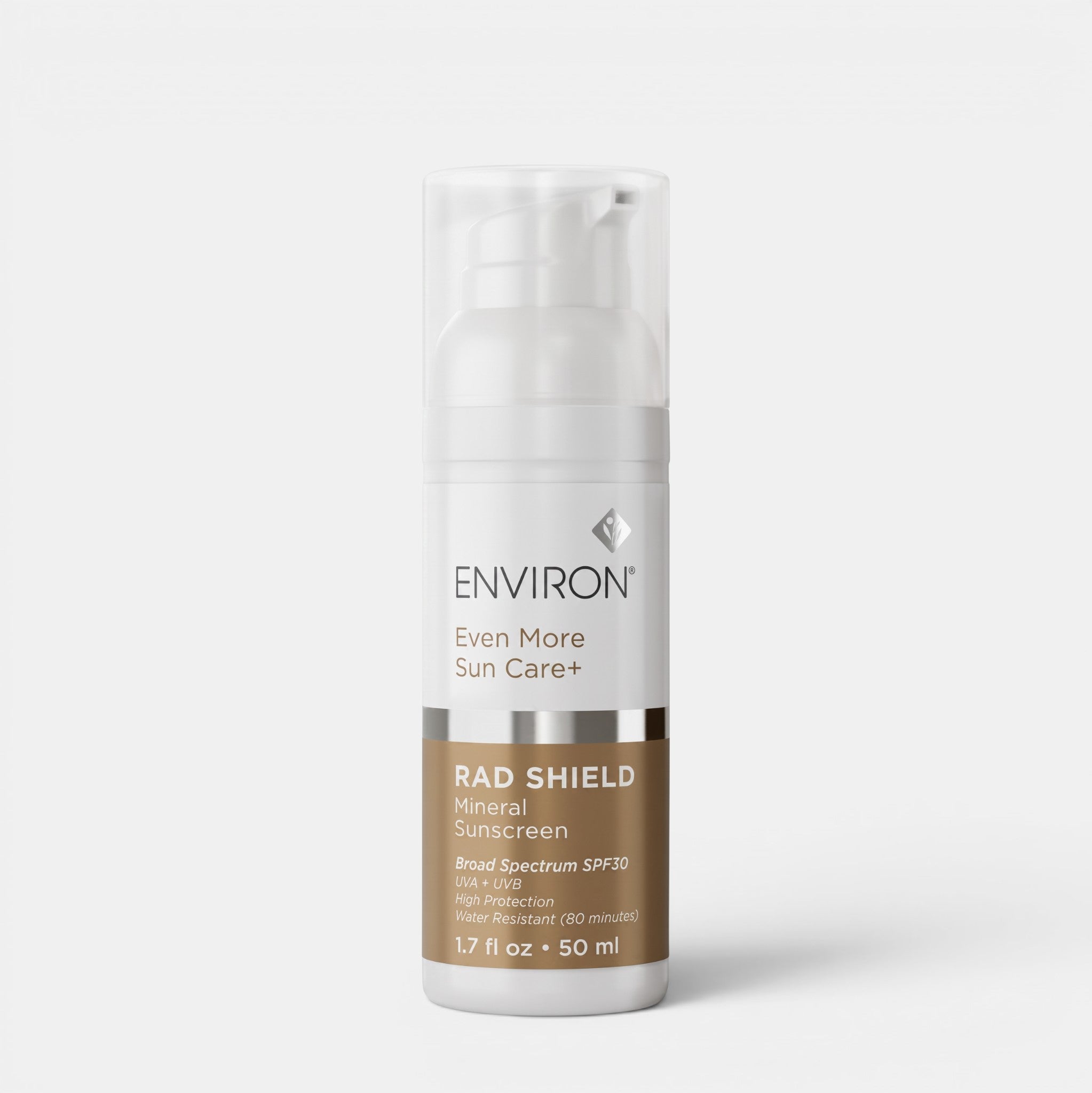 Shop Rescue Spa Environ RAD Shield Mineral Sunscreen SPF 30 in a 50ml white pump bottle with gold accent.
