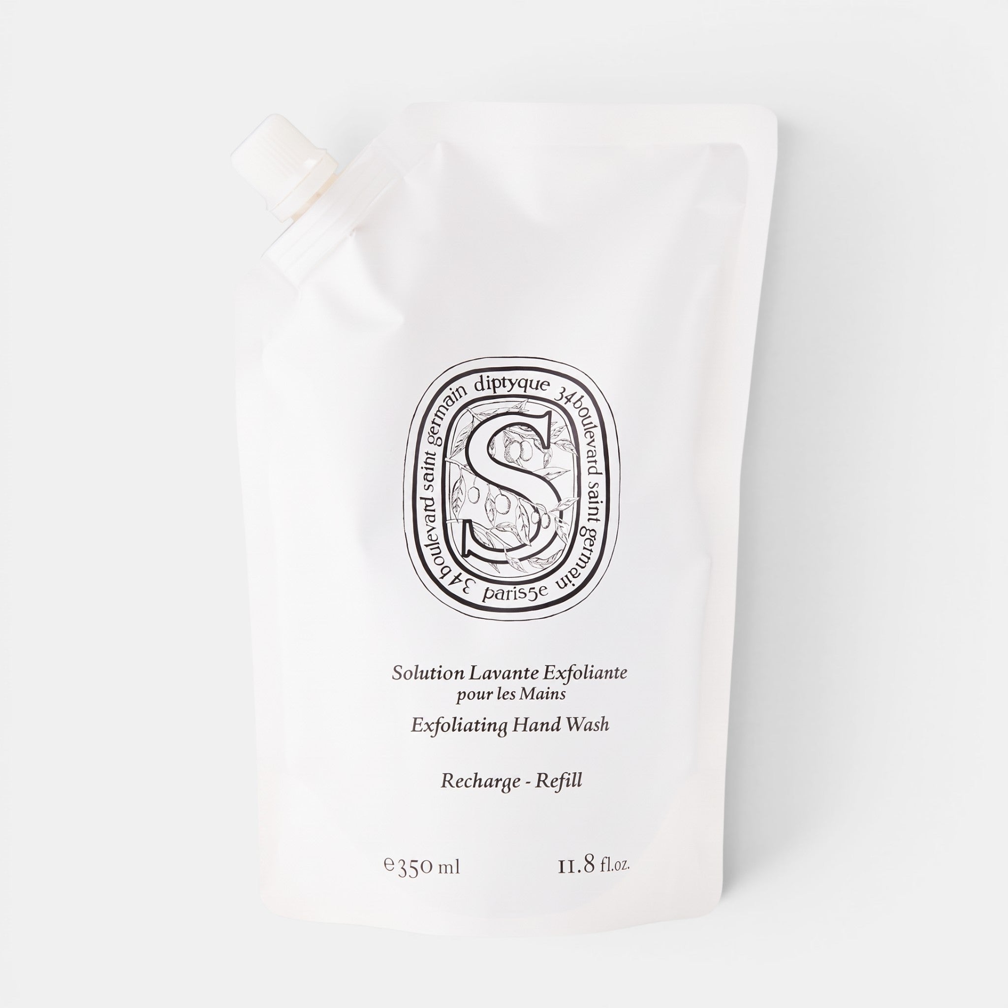 Shop Rescue Spa exfoliating hand wash 350ml refill pouch with white packaging and black botanical label design