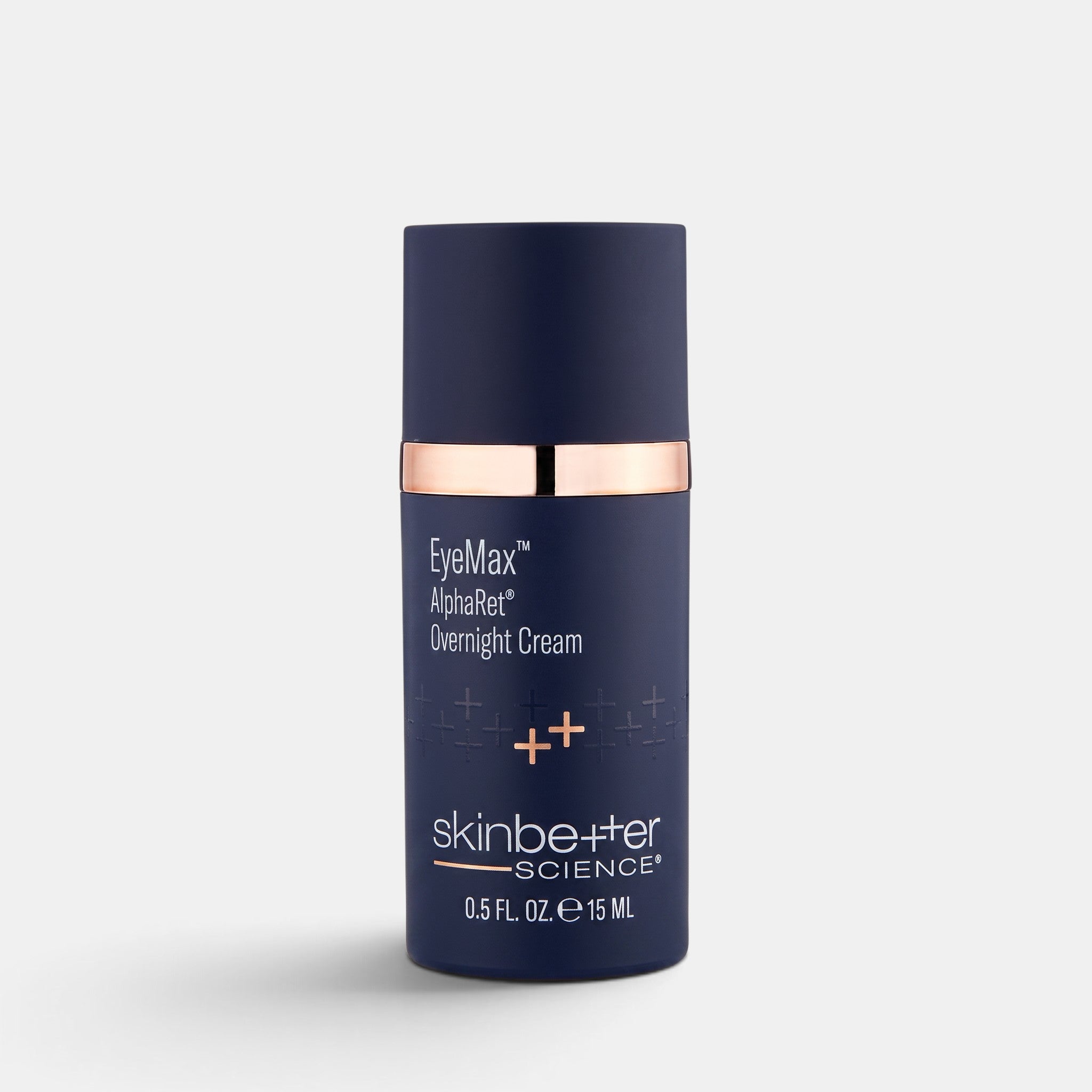 Shop Rescue Spa EyeMax AlphaRet Overnight Cream in a dark blue cylindrical pump bottle with rose gold accents.