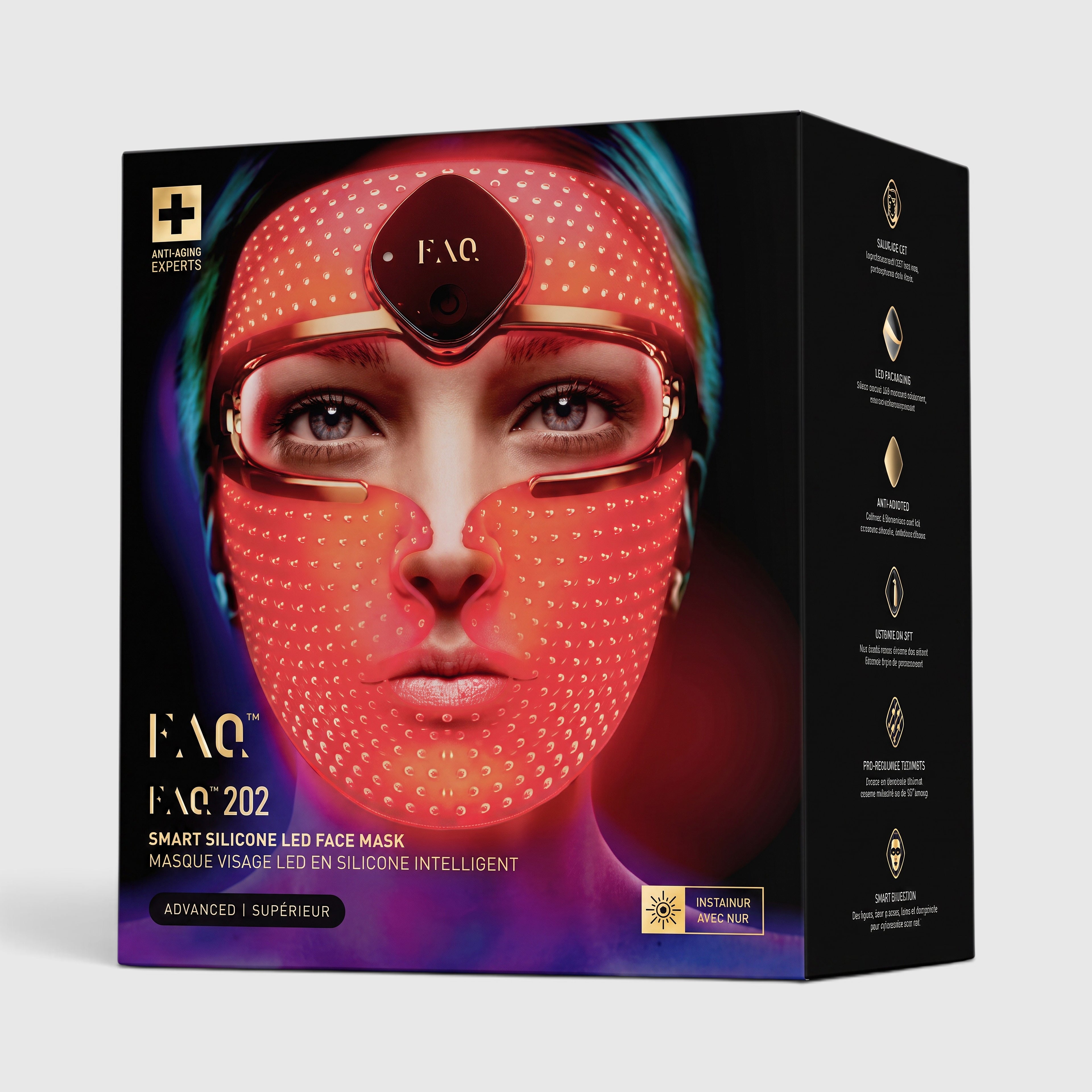 Shop Rescue Spa FAQ 202 anti-aging silicone LED face mask with red light therapy in its product packaging box