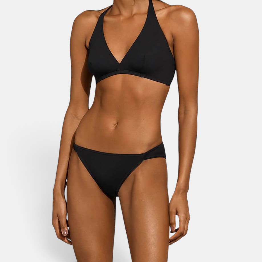 Shop Rescue Spa Gang Noir black full-cup triangle bikini with halter tie spaghetti straps and side stays