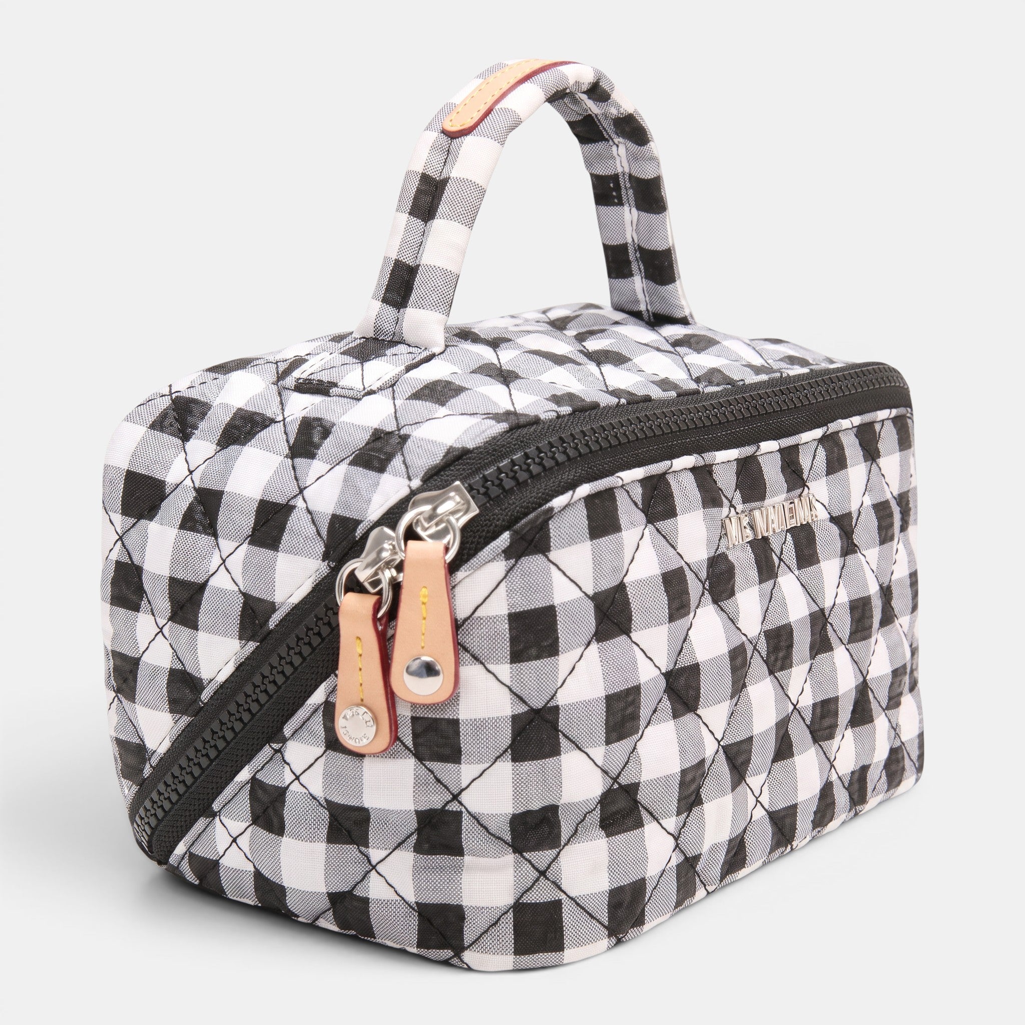 Shop Rescue Spa black and white gingham quilted nylon accordion cosmetic bag with top handle and silver hardware.