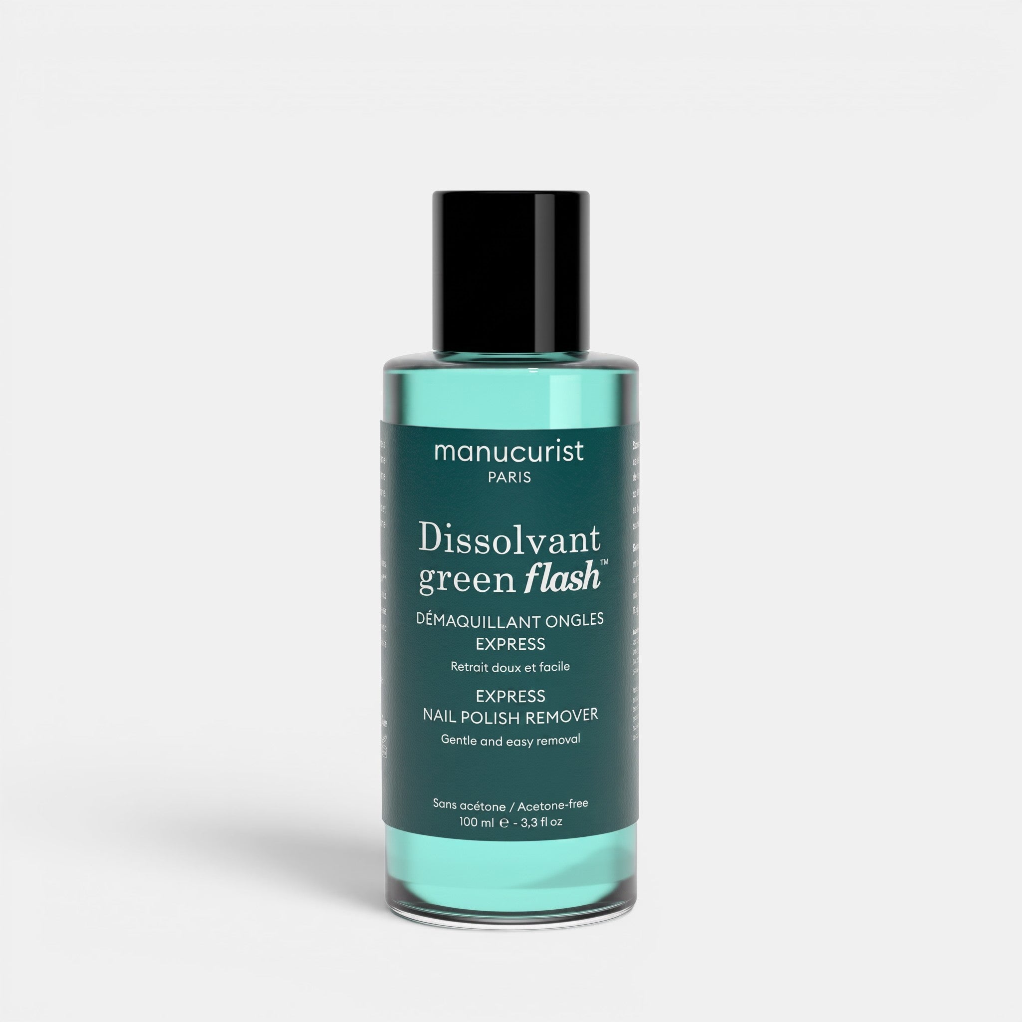 Shop Rescue Spa Green Flash acetone-free nail polish remover in a 100ml bottle with a teal liquid formula.
