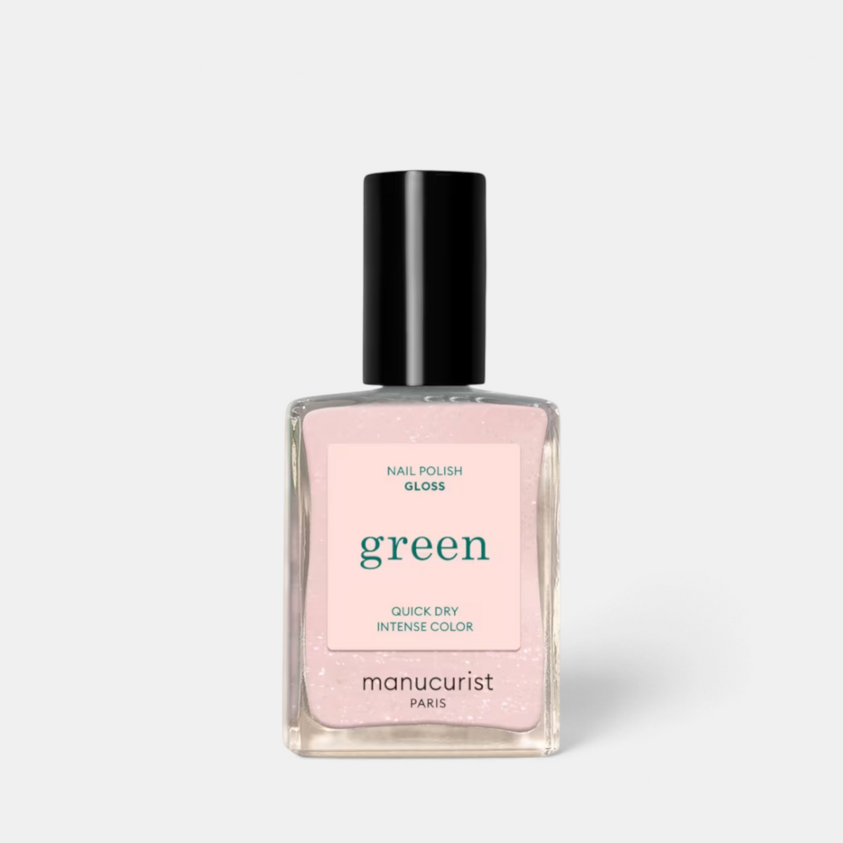 Shop Rescue Spa green natural nail polish in a soft pink shade with a glossy finish in a 15ml glass bottle.