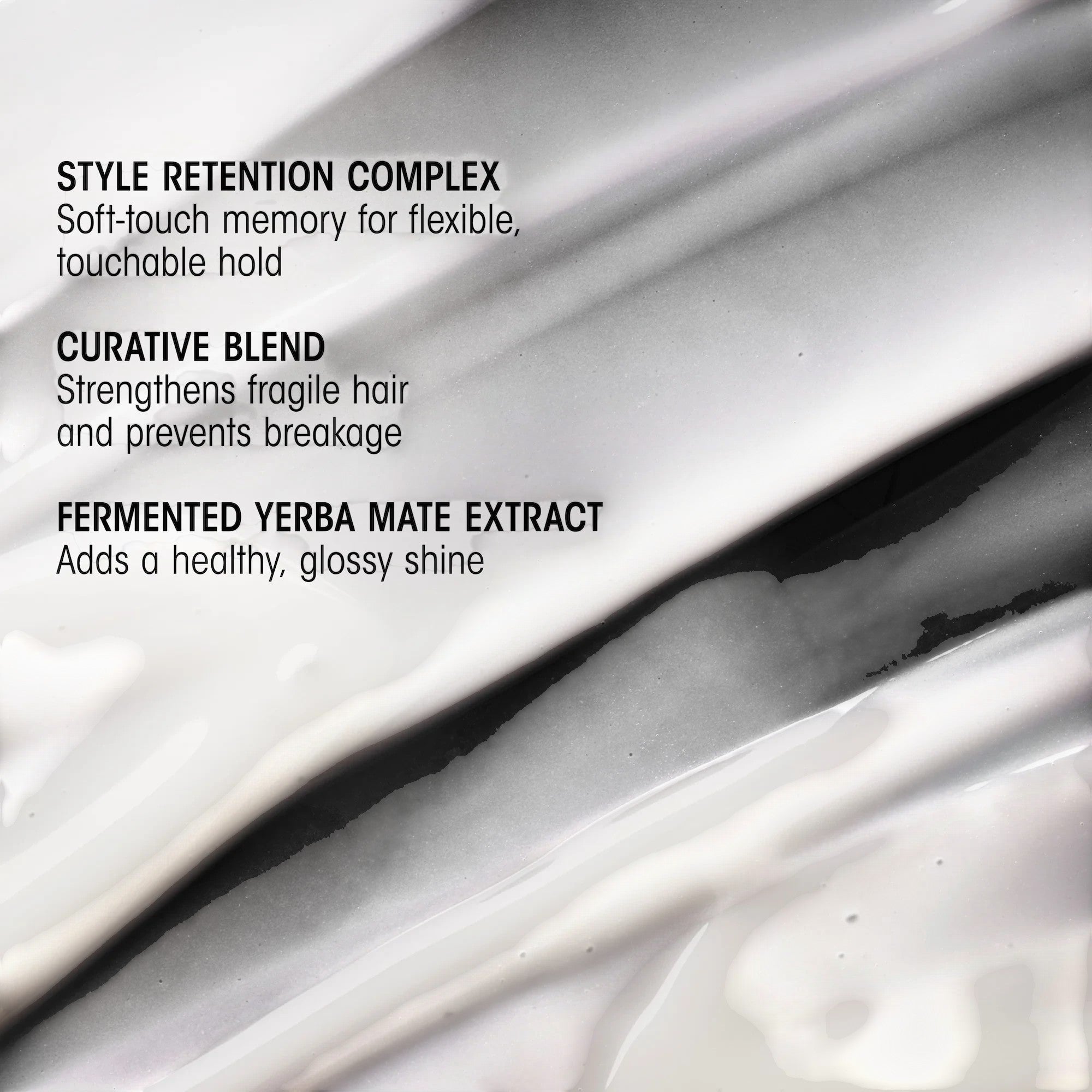 Shop Rescue Spa Hair Alchemy Heatless Styling Balm texture showing smooth white cream with ingredient benefits text