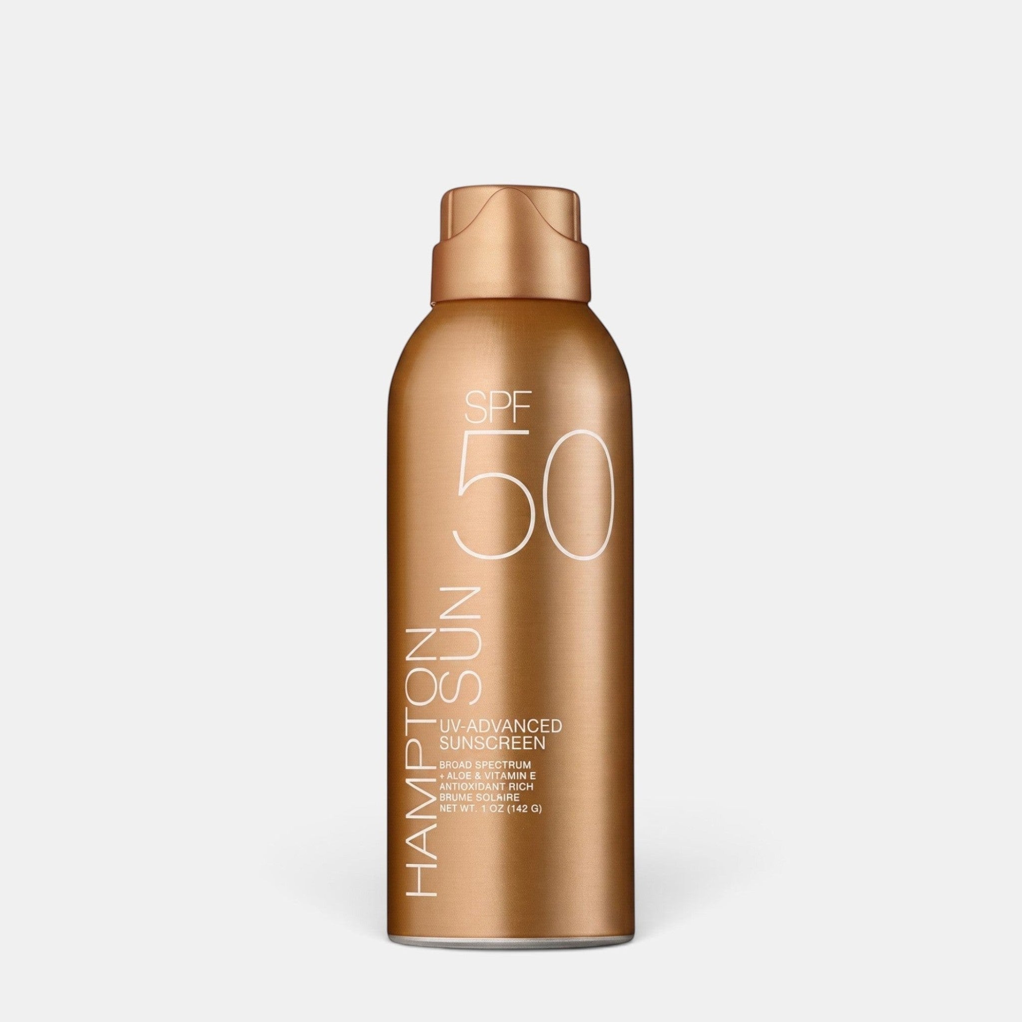 Shop Rescue Spa Hampton Sun SPF 50 UV-Advanced sunscreen mist in a metallic bronze spray bottle.