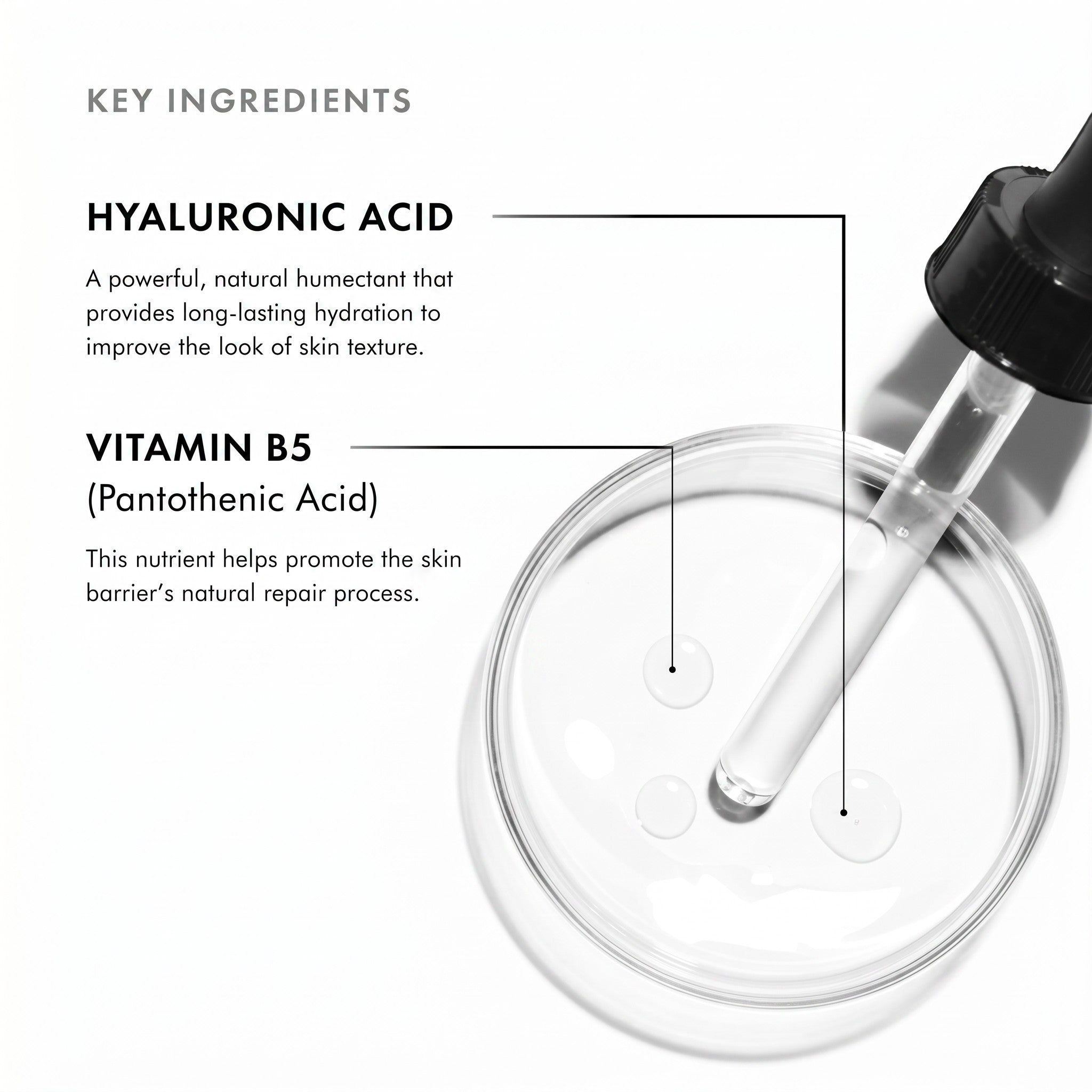 Shop Rescue Spa Hydrating B5 Gel serum with hyaluronic acid and vitamin B5 shown in a glass dropper and petri dish