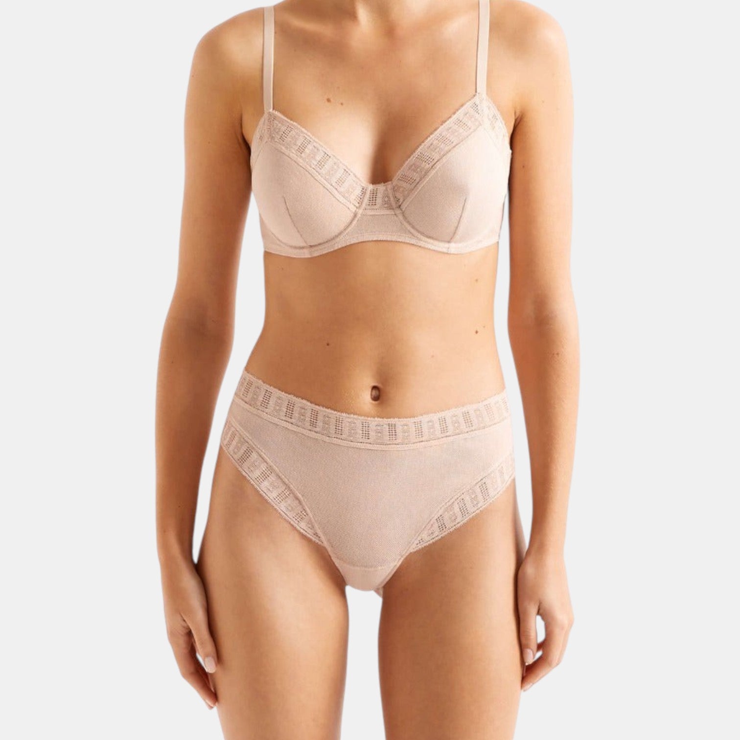 Shop Rescue Spa Infime beige full-cup bra with delicate lace trim and matching high-waisted briefs on a model