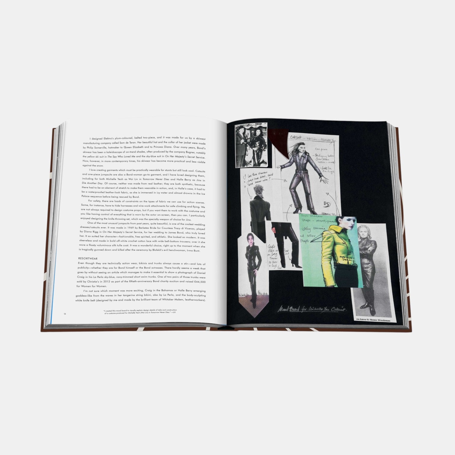 Open pages of the Shop Rescue Spa James Bond Style hardcover book featuring costume sketches and fashion photography.