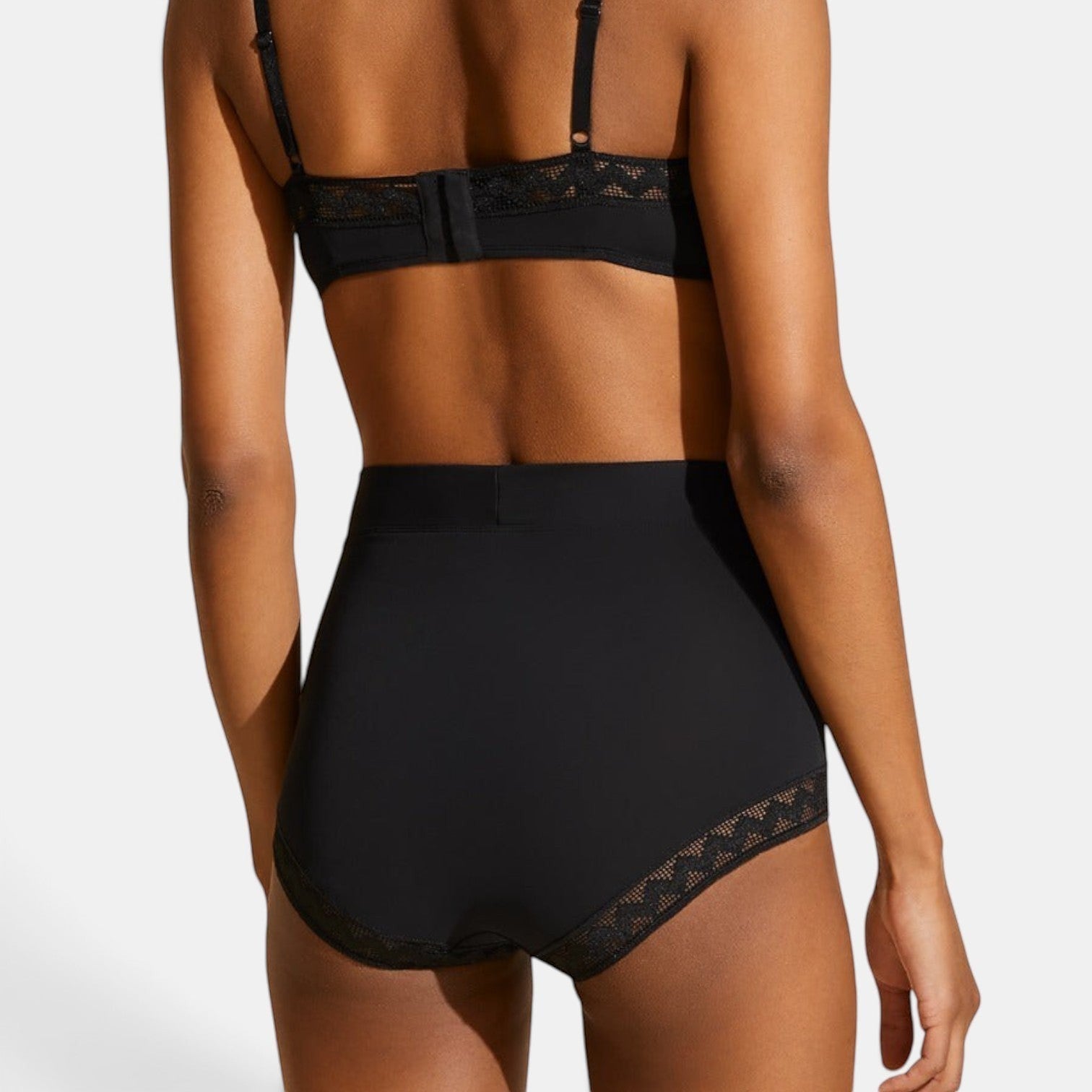 Shop Rescue Spa Justine NOIR black jersey high-waisted briefs with lace trim detail viewed from the back