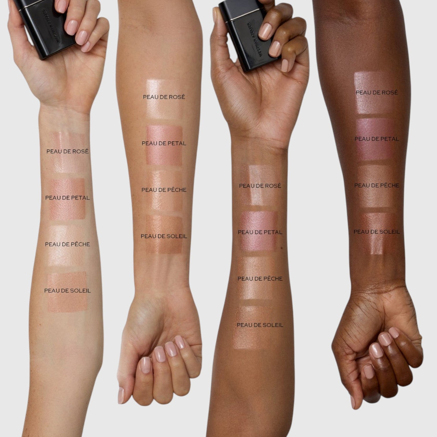 Shop Rescue Spa Liquid Super Loaded complexion enhancer swatches on four different skin tones showing three shades.