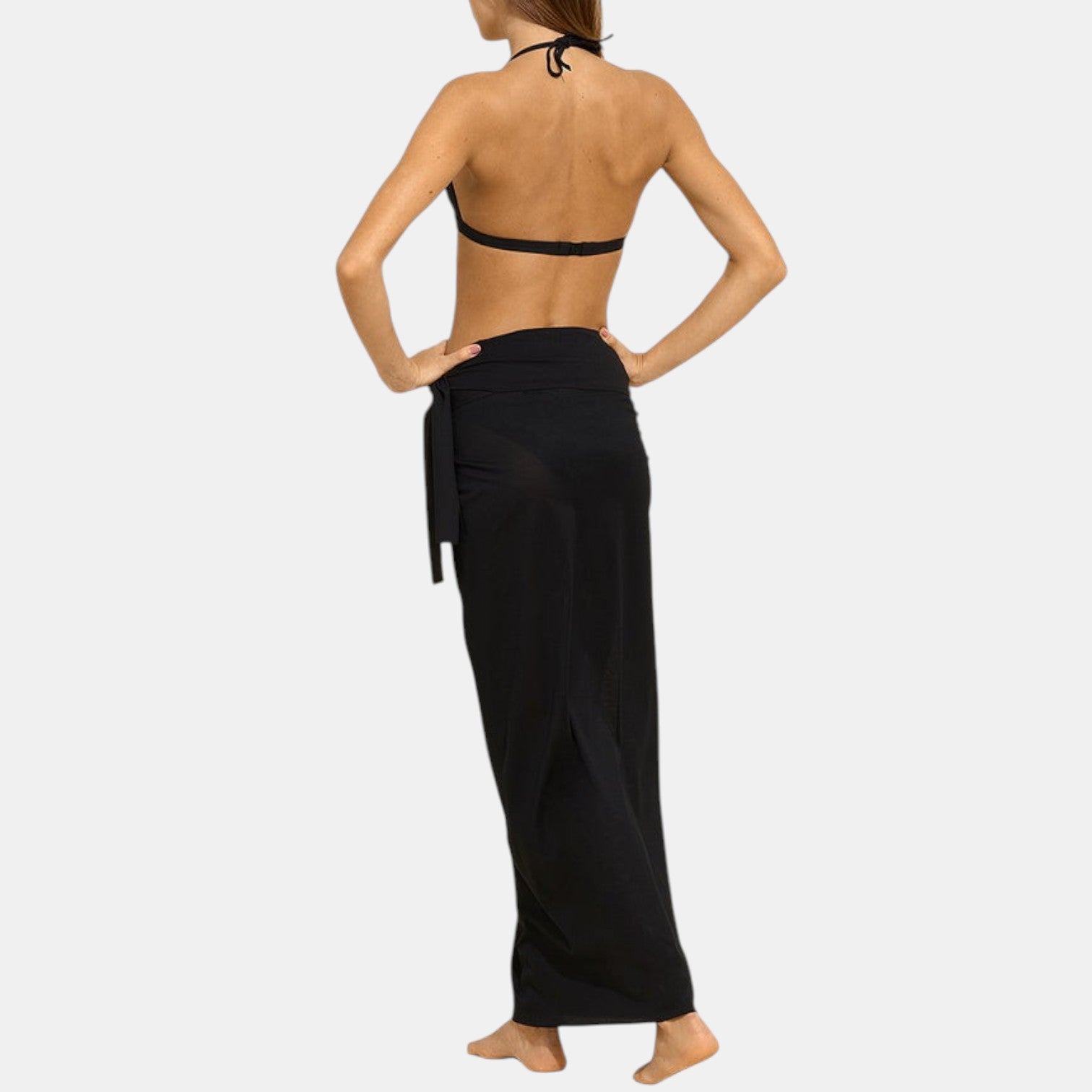 Shop Rescue Spa Peplum long black sarong in Peau Douce fabric with a waist-tie belt, back view on a model