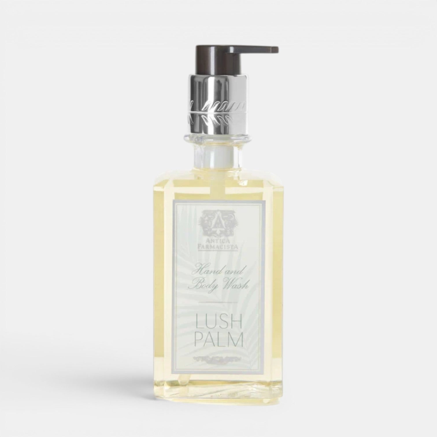 Shop Rescue Spa Lush Palm hand and body wash in a clear 10 oz bottle with a silver pump dispenser.