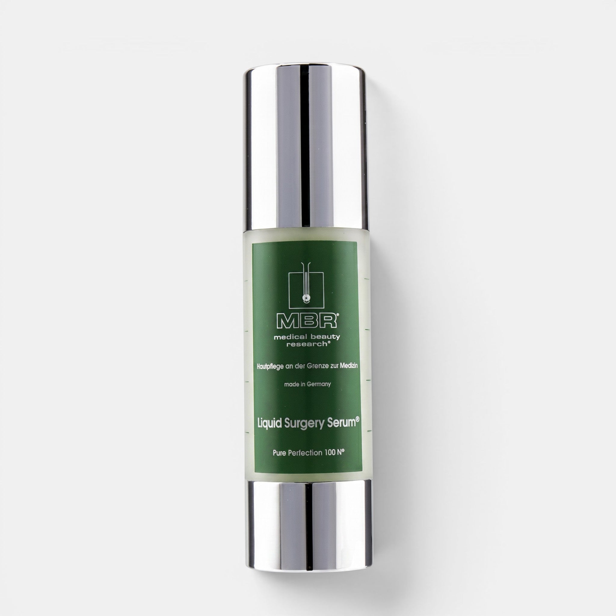 Shop Rescue Spa MBR Liquid Surgery Serum in a 15ml green bottle with a silver pump cap for skin rejuvenation.