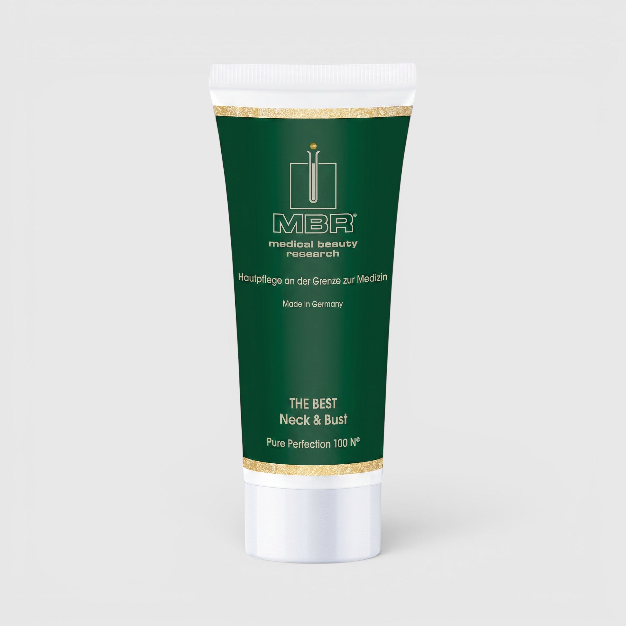 Shop Rescue Spa MBR THE BEST Neck & Bust firming cream in a dark green squeeze tube with gold accents.